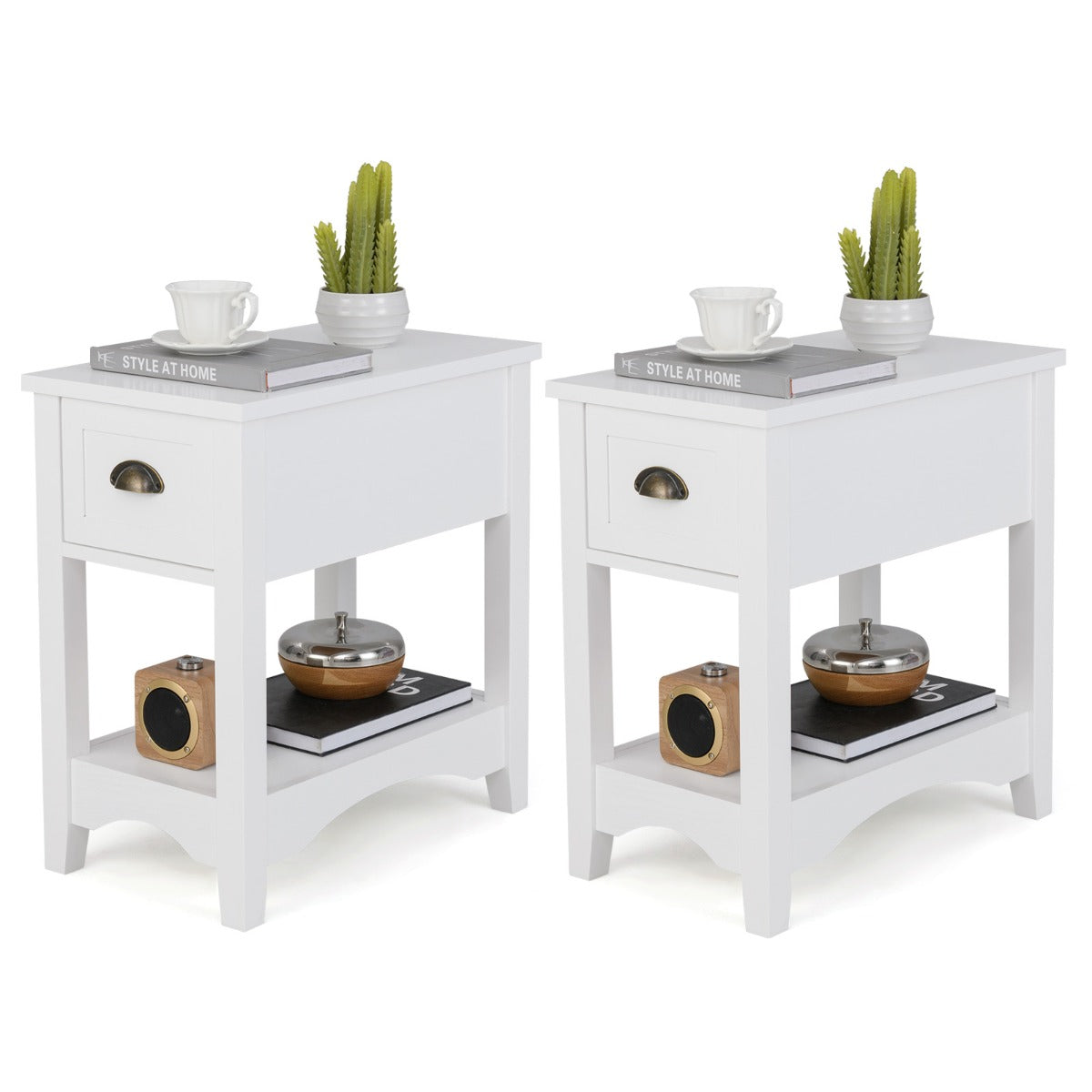 Rectangular Nightstand Set of Two with 1 Drawer 1 Storing Shelf and 4 Solid Rubber wood Legs-White
