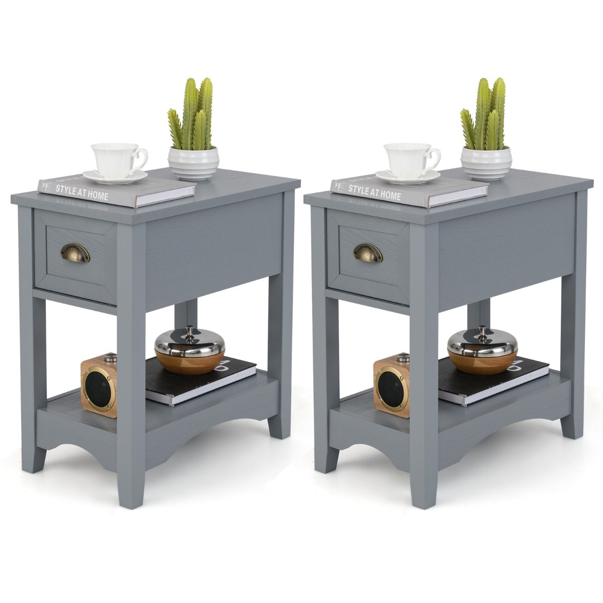 Rectangular Nightstand Set of Two with 1 Drawer 1 Storing Shelf and 4 Solid Rubber wood Legs-Grey