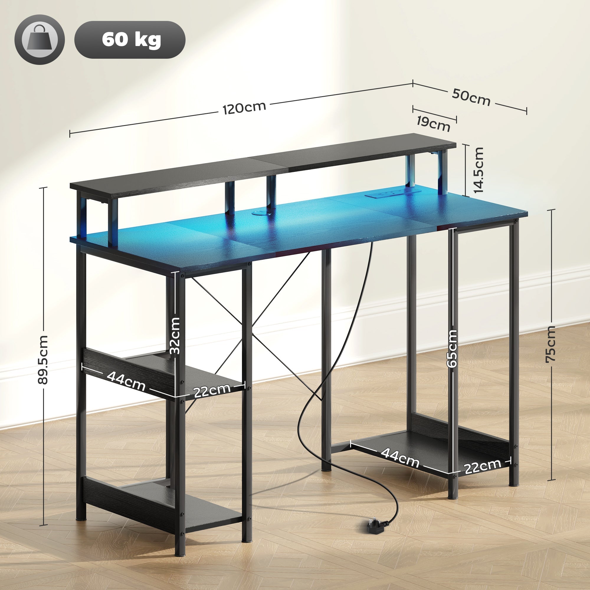 HOMCOM LED Computer Desk, with Power Outlets and Shelves - Black