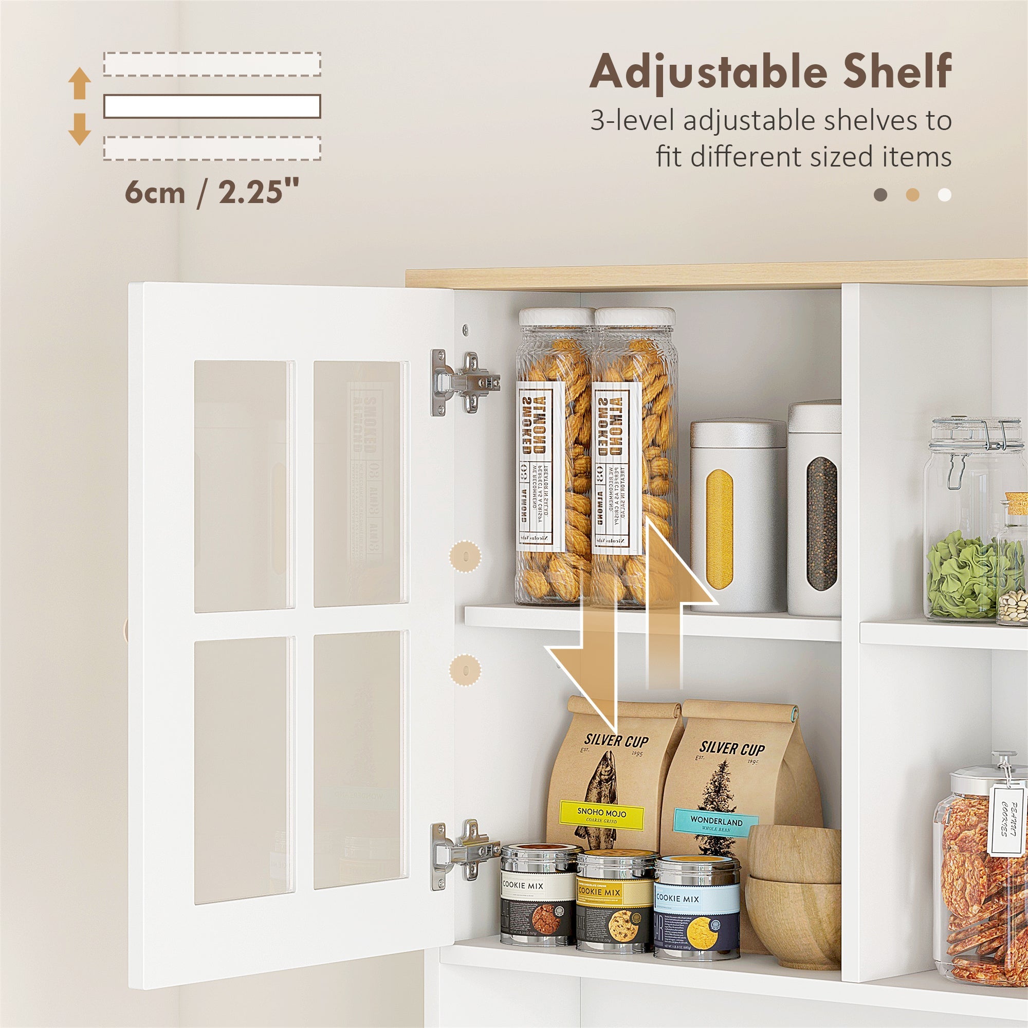 HOMCOM Freestanding Kitchen Cupboard, Storage Cabinet with Doors and Adjustable Shelves, Counter Top, Grid Glass Doors, 80L x 37W x 183H cm - White