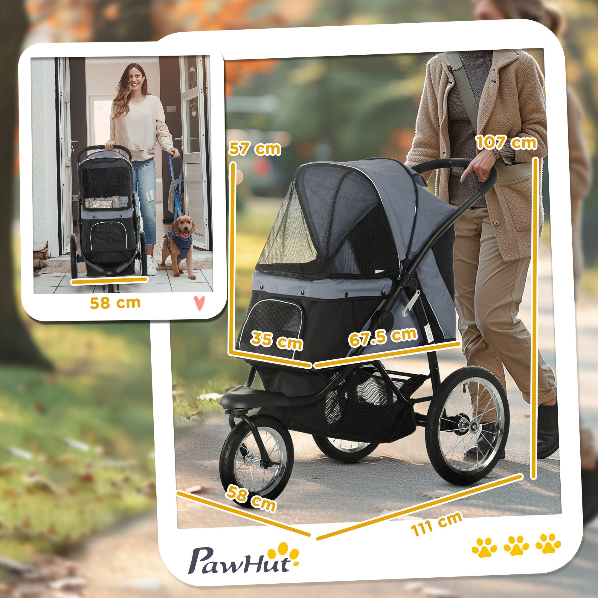 PawHut Foldable Pet stroller, Dog Buggy with Three Wheels, for Small/Medium Dogs, Grey