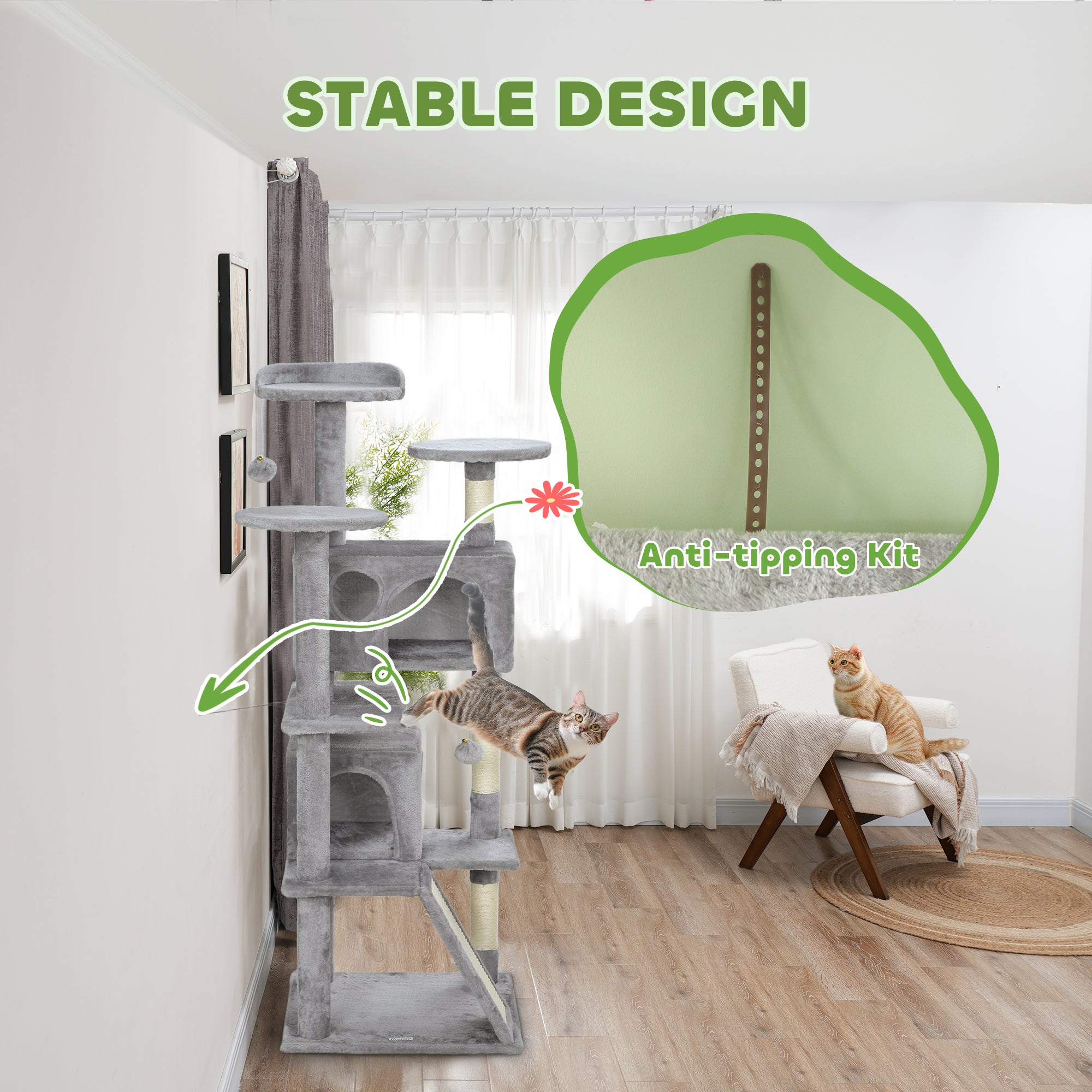 PawHut 138cm Cat Tree, Multi-Level Cat Tower with Scratching Posts and Pad, Bed, Condos, Platforms, Toy Balls, Light Grey