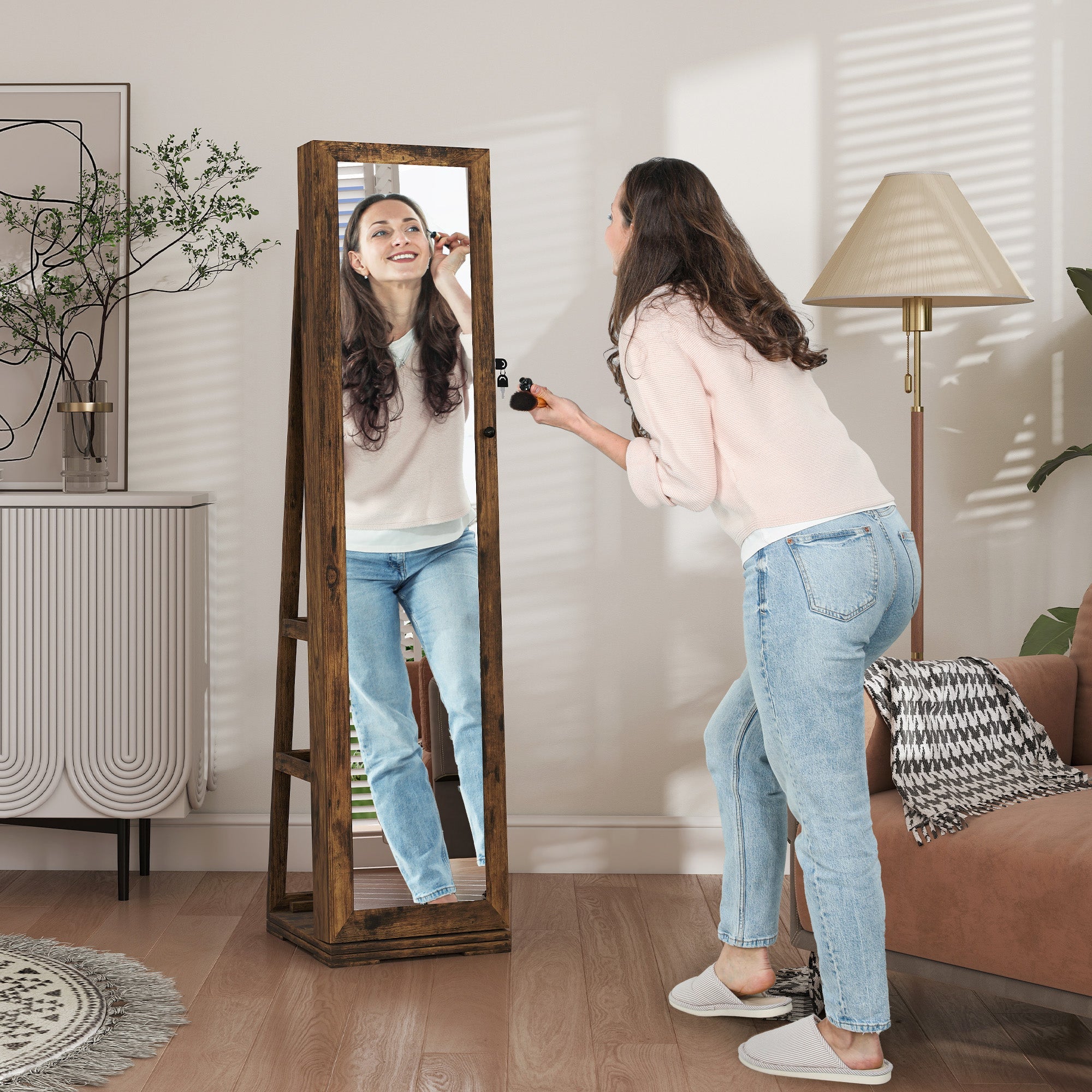 HOMCOM 360√Ç¬∞ Swivel Jewellery Cabinet, Free Standing Full Length Mirror with Storage, Lockable Jewellery Organiser with Built-in Makeup Mirror and Storage Shelves for Bedroom, Rustic Brown