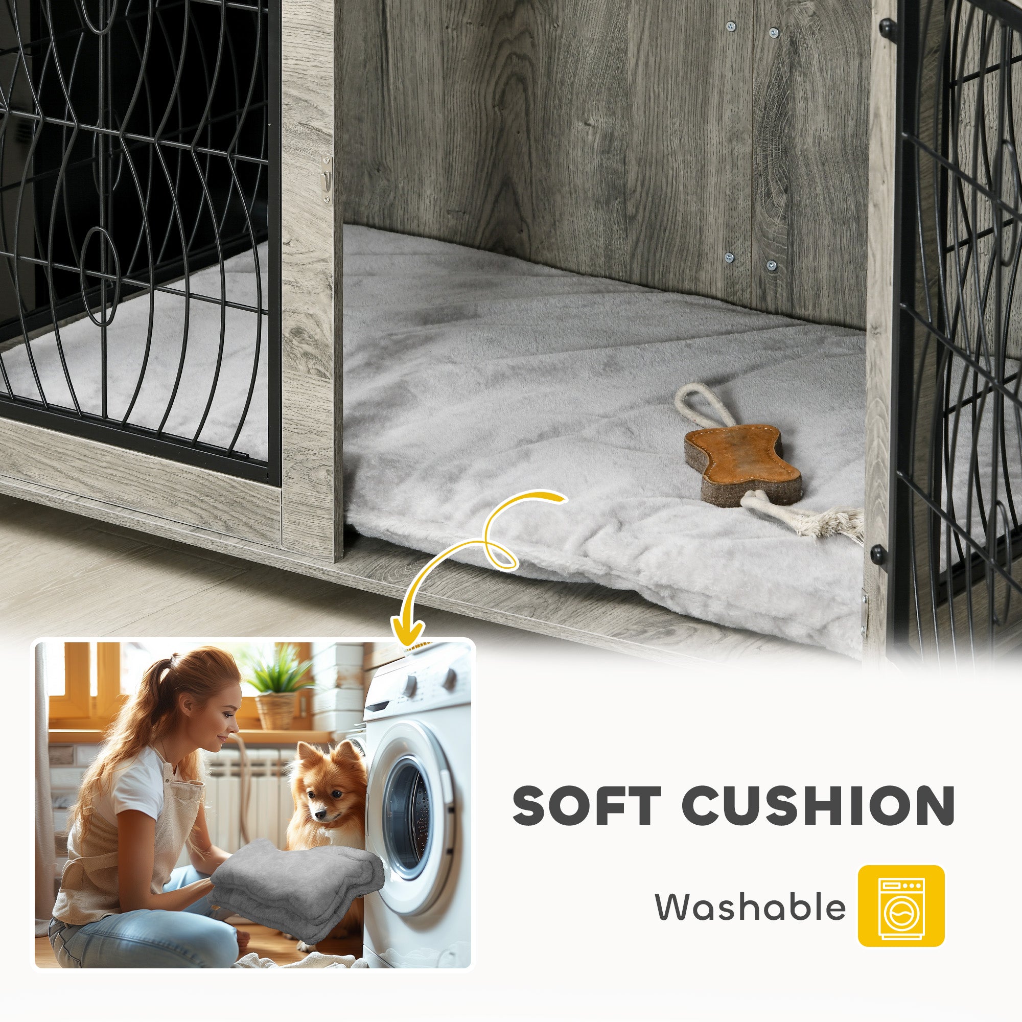 PawHut Indoor Dog Crate Furniture End Table with Soft Washable Cushion, Lockable Front Door, for Extra Large Dogs - Grey