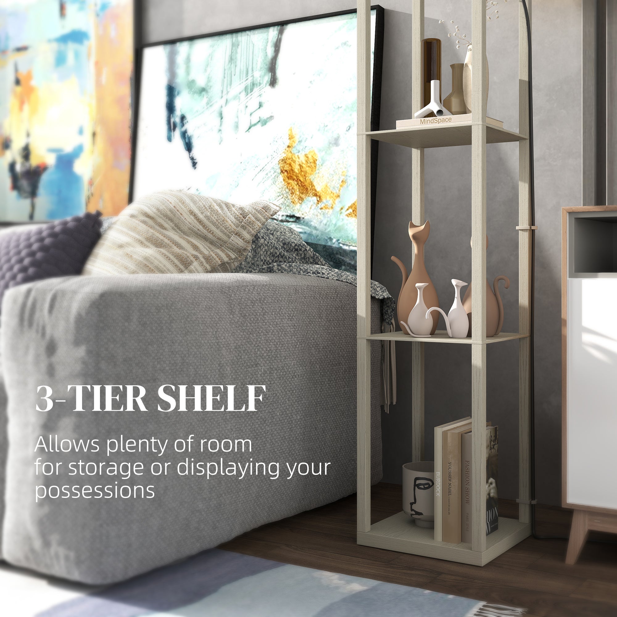 HOMCOM Three-Shelf Standing Lamp - Oak/White