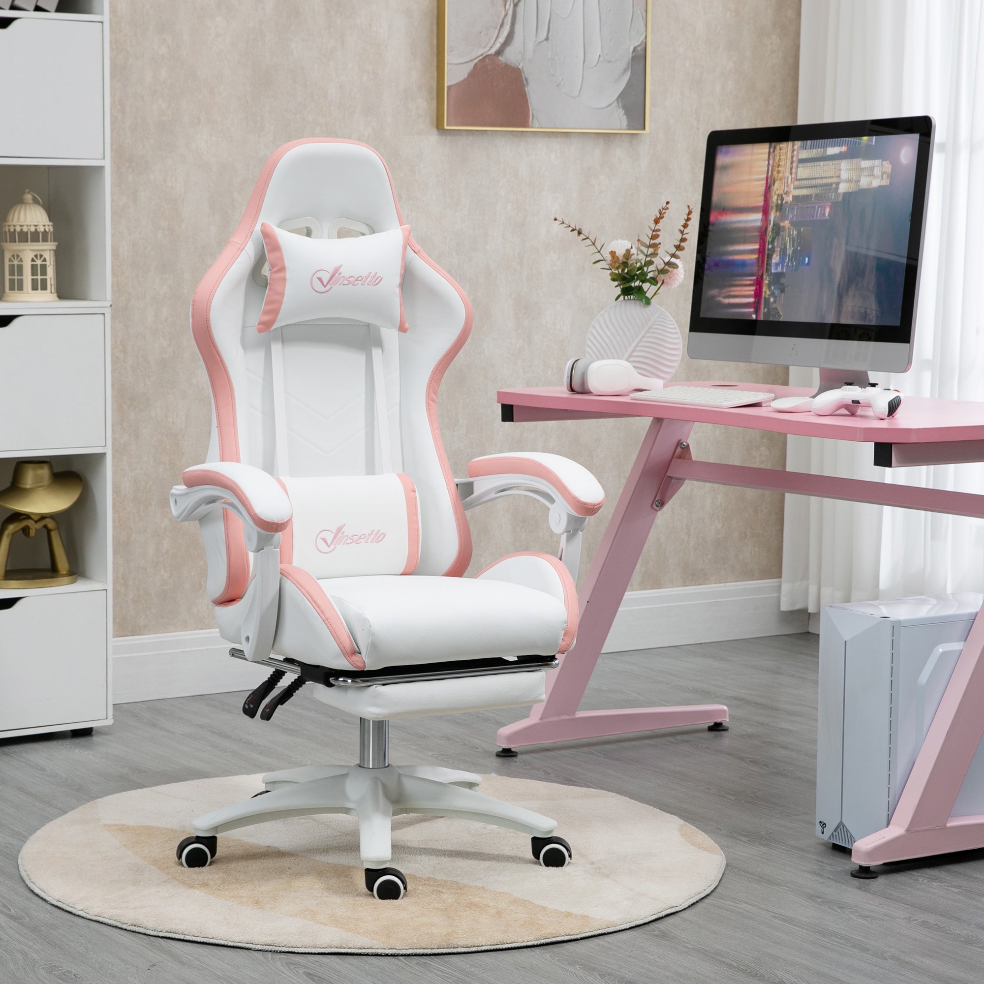Vinsetto Computer Gaming Chair, PU Leather Office Desk Chair with Footrest, Swivel Wheels, 135√Ç¬∞ Reclining Back, Lumbar Support, Headrest for Home, White and Pink