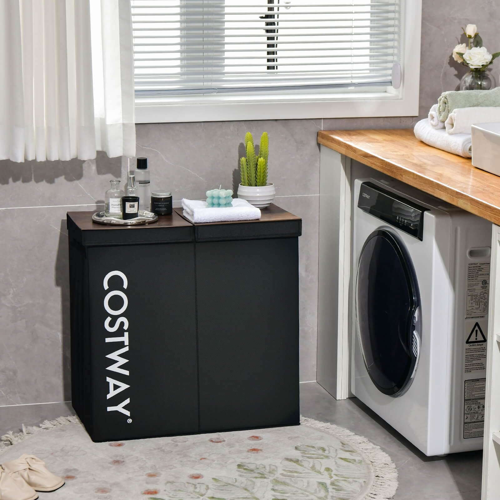 105L Laundry Hamper with Wooden Lid and 2 Sections-Black