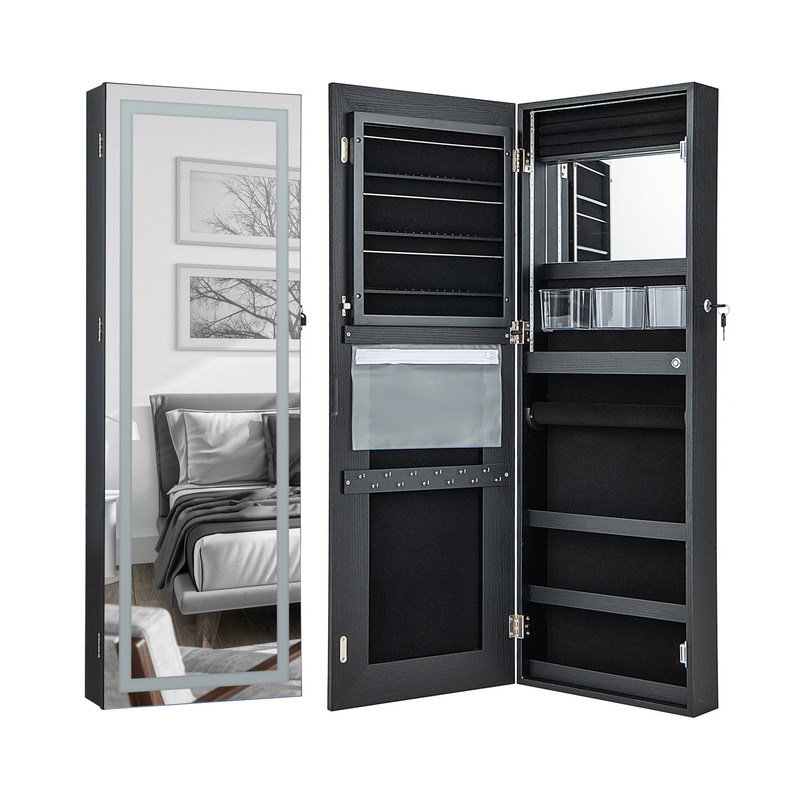 108cm Lockable Jewelry Mirror Cabinet with 3-Color LED Lights-Black1