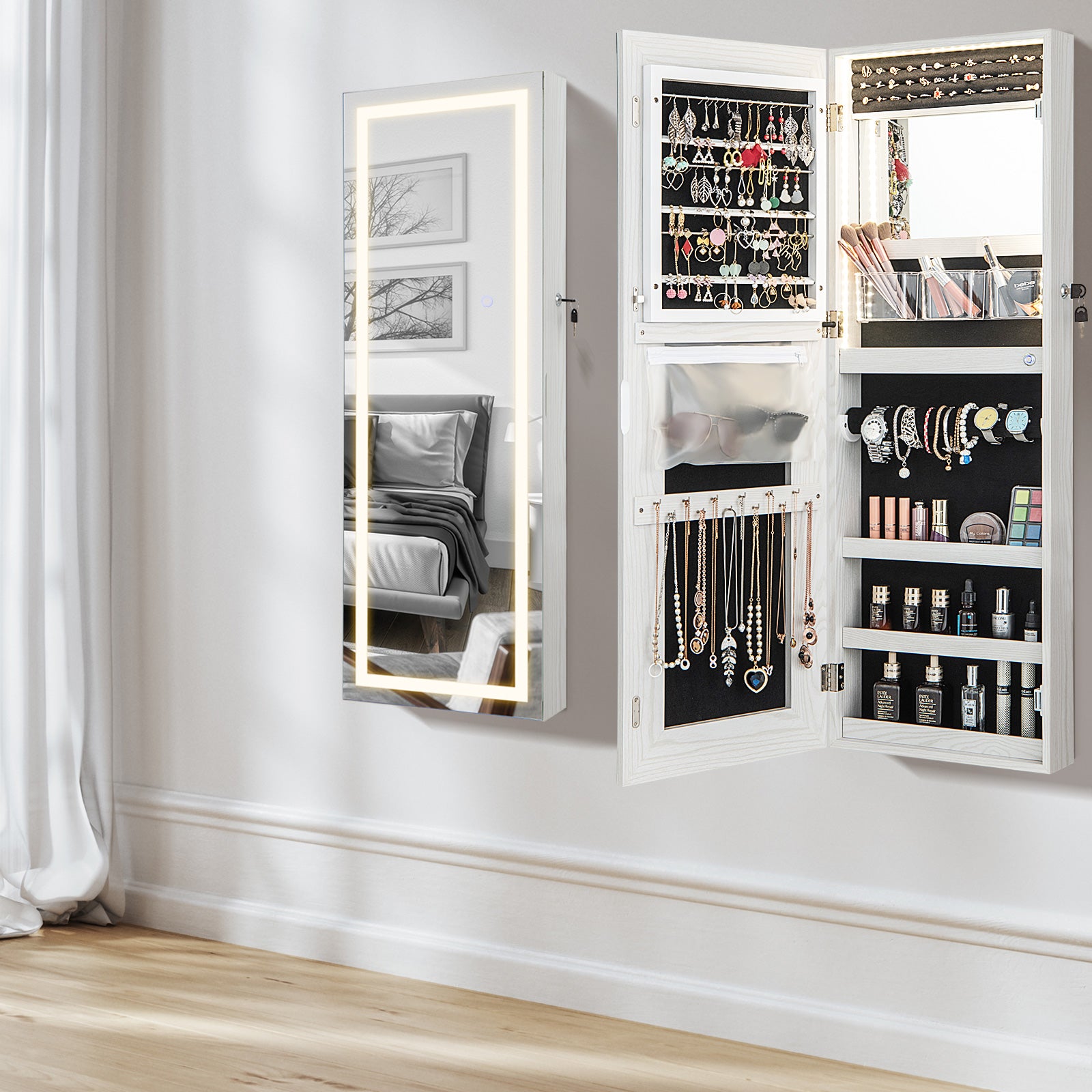 108cm Lockable Jewelry Mirror Cabinet with 3-Color LED Lights-White