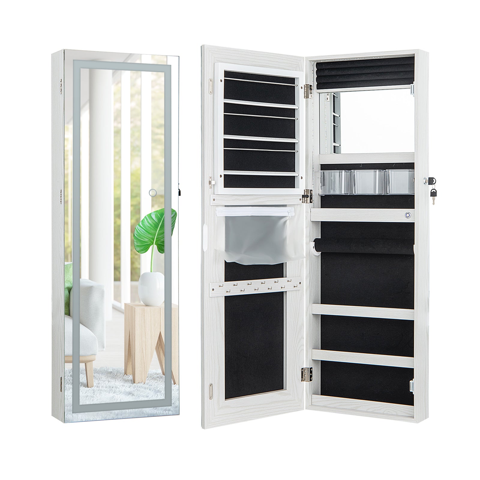 108cm Lockable Jewelry Mirror Cabinet with 3-Color LED Lights-White