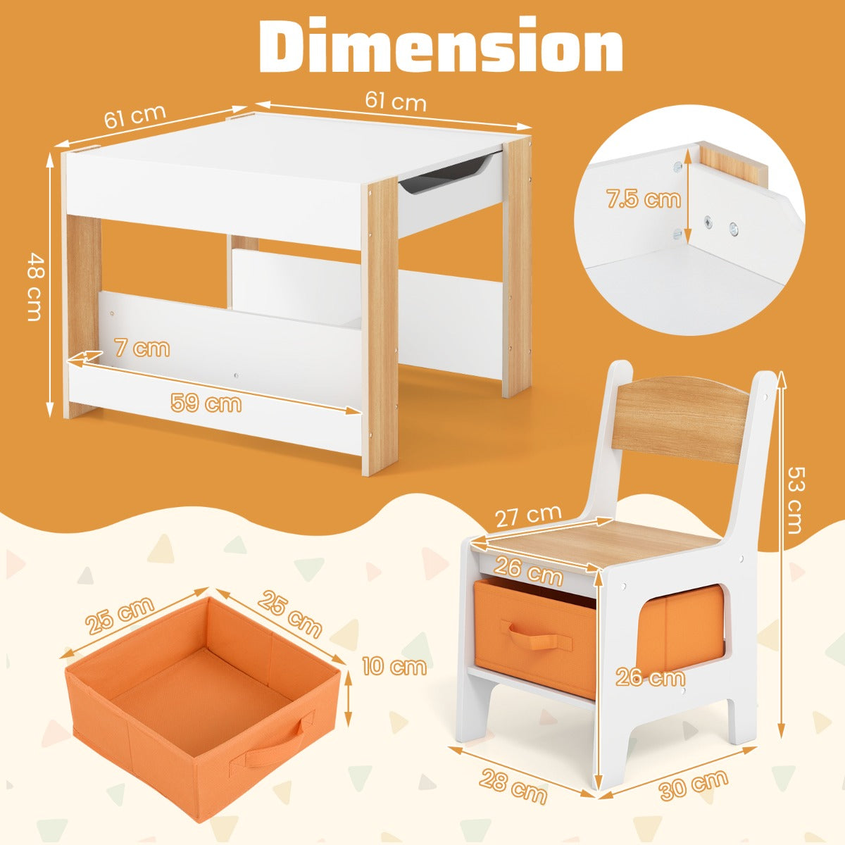 4 in 1 Kids Table and Chairs Set with Reversible Tabletop and Bookshelves-Natural