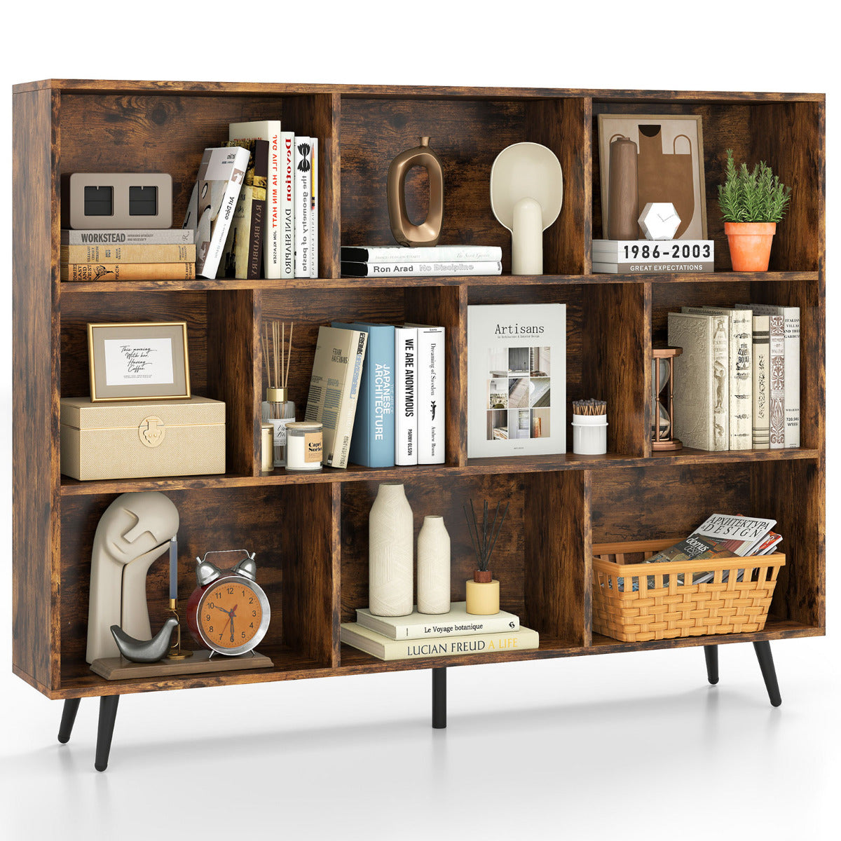 10-Cube Bookcase 140 CM Storage Organizer with 5 Tapered Metal Legs-Coffee