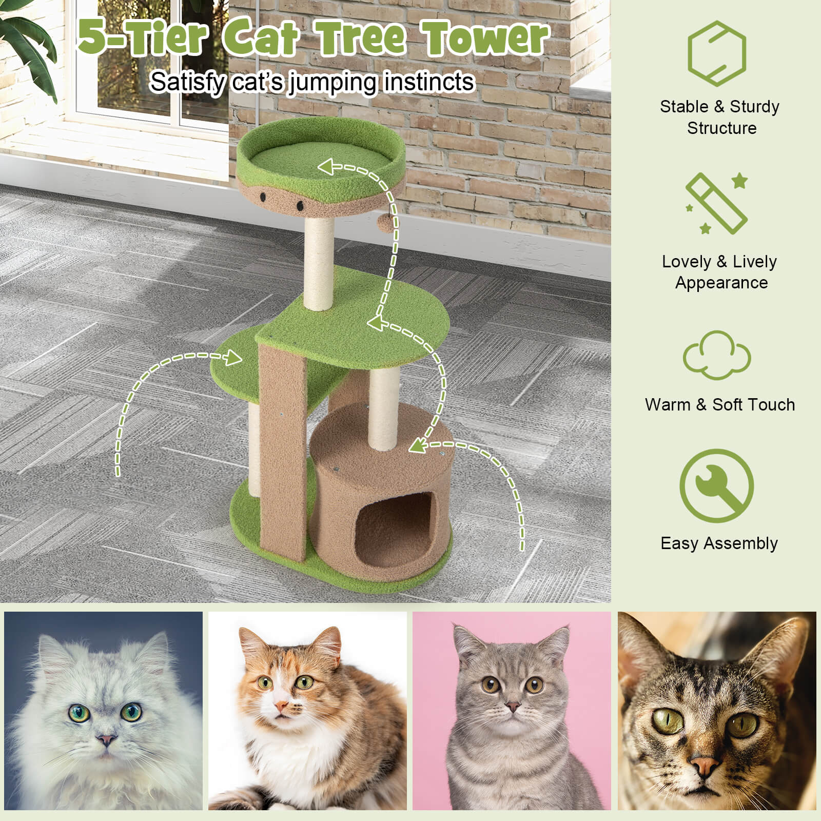 111 cm Multi-level Cat Tree with Condo and Plush Perch-Green
