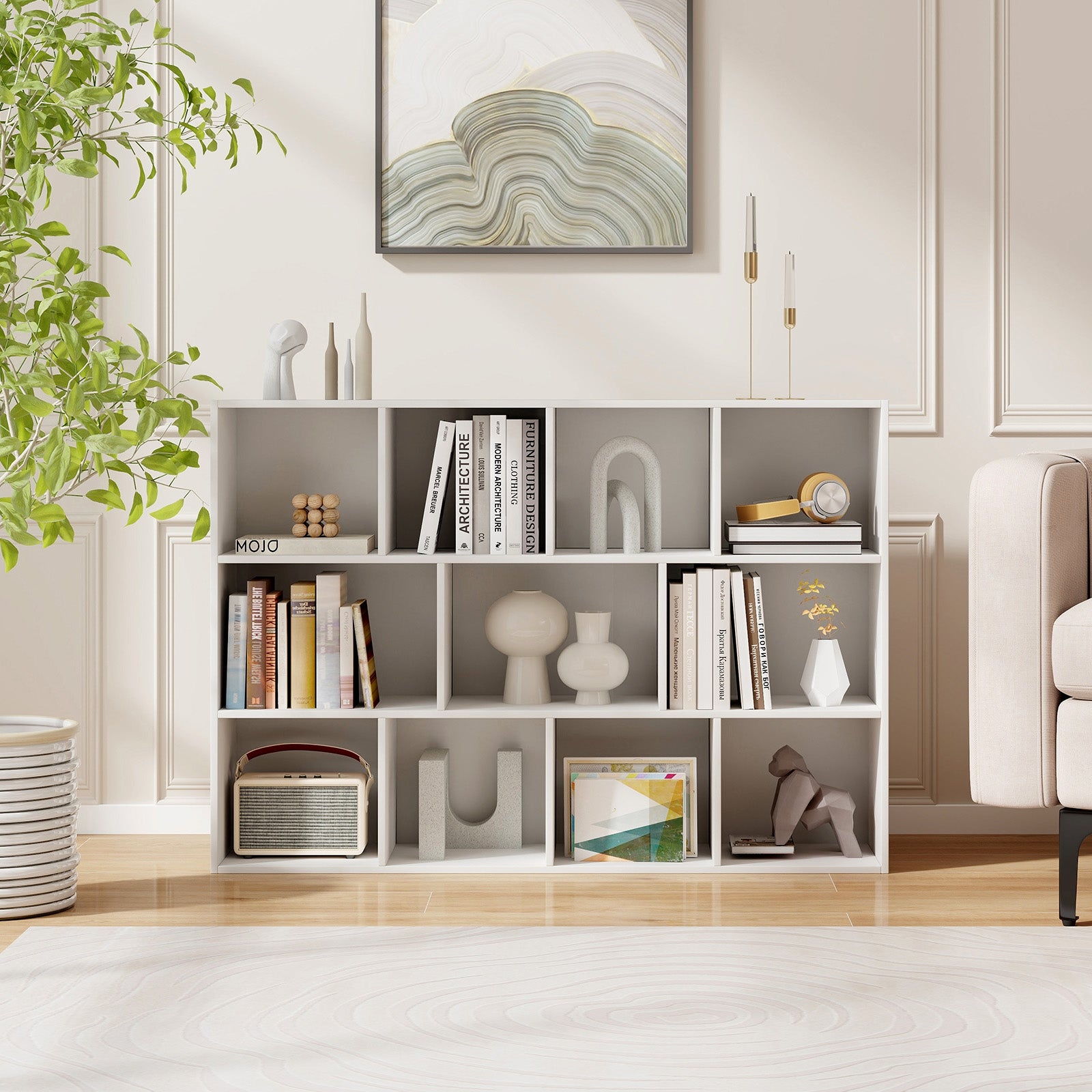 11-Cube Bookcase Modern Geometric Bookshelf with Anti-tipping Kits-White