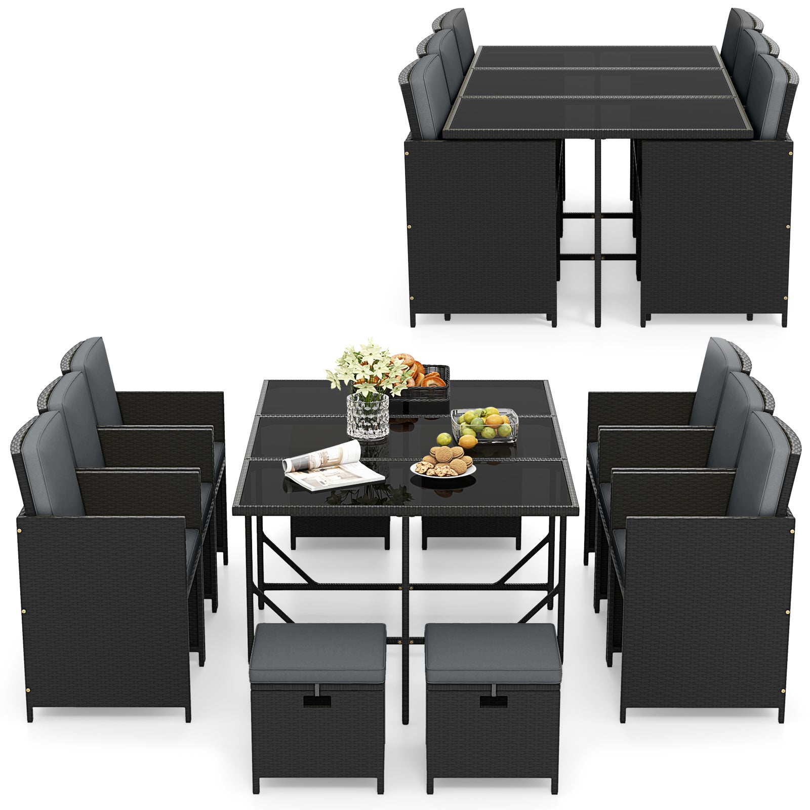 11 Pieces Patio Dining Set with Ottomans for Garden Yard Poolside-Grey