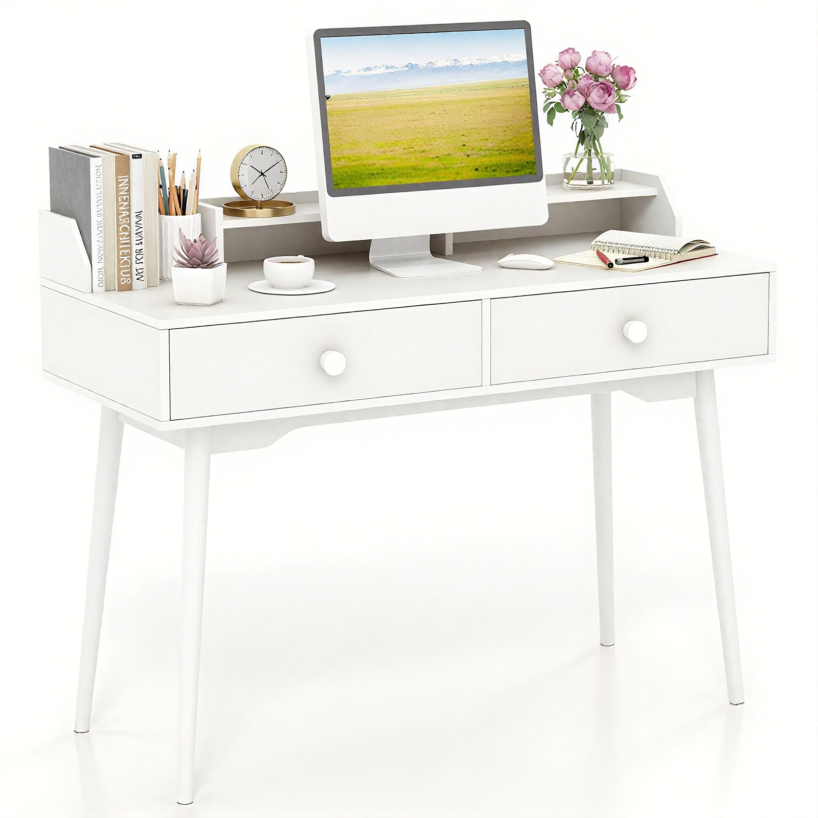 120 CM Writing Desk with Hutch and Drawers for Bedroom-White