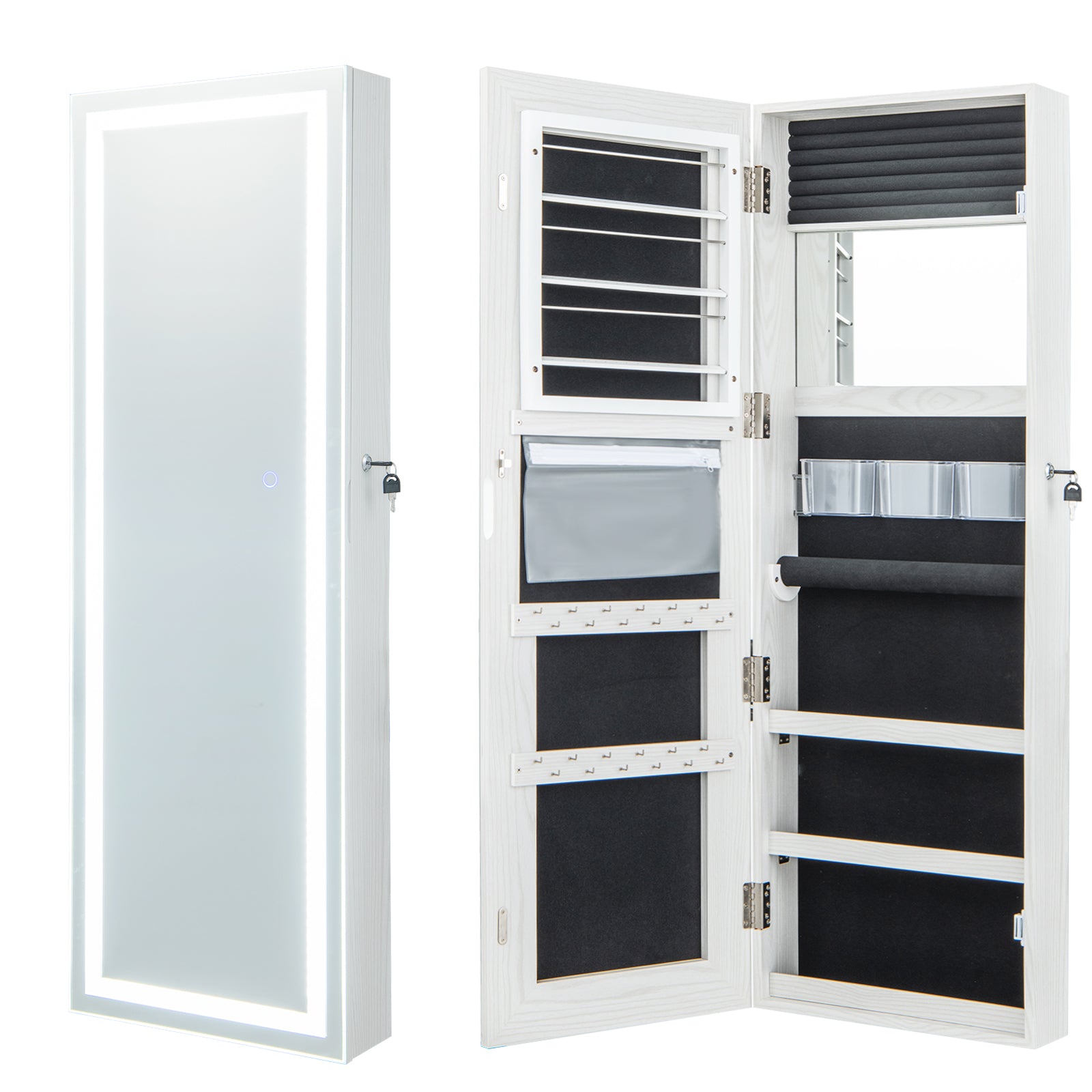 120cm LED Mirror Jewelry Cabinet with 3-Color Lights and Lockable Magnetic Door-White