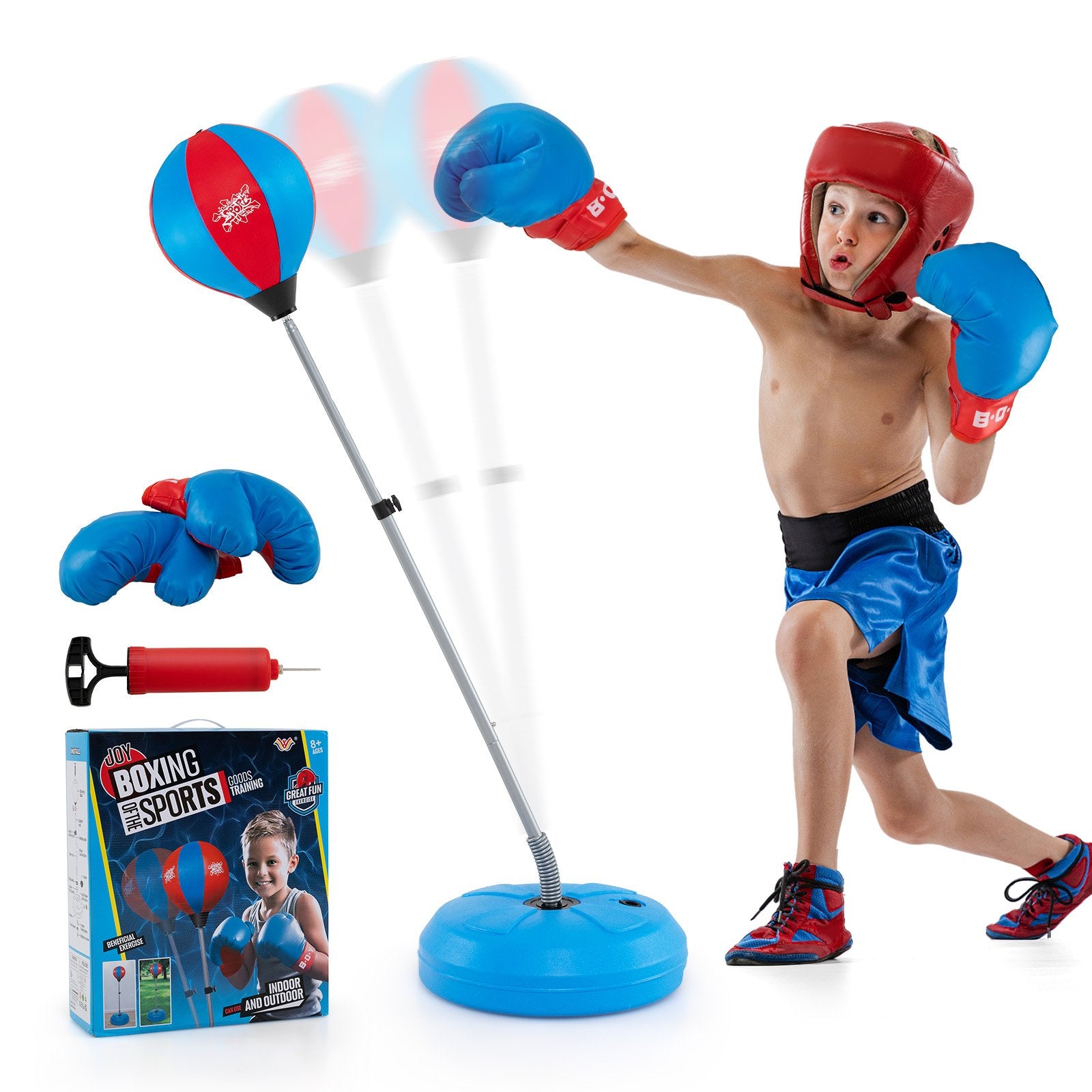 122cm Height Adjustable Punching Ball Stand Box with Stand and Gloves-Blue