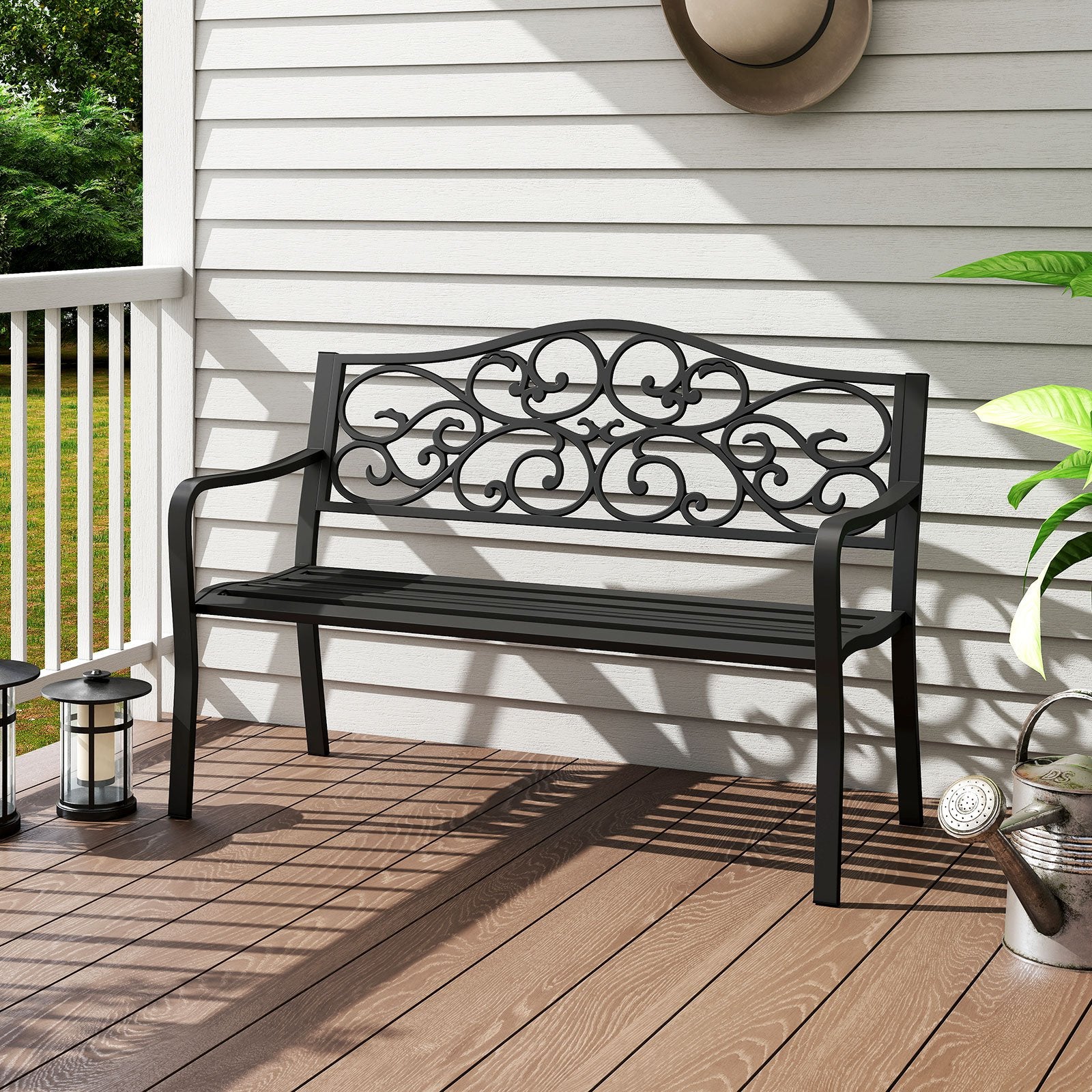 127CM Outdoor Garden Bench with Slatted Seat and Floral Design Backrest-Black