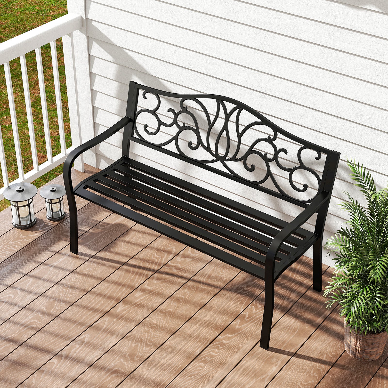 127CM Outdoor Garden Bench with Floral Design Backrest and Slatted Seat-Black