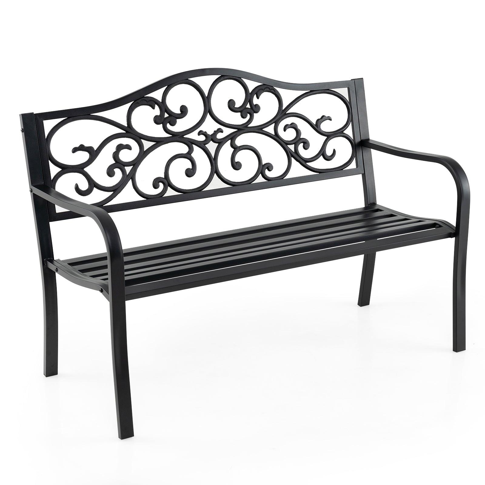 127CM Outdoor Garden Bench with Slatted Seat and Floral Design Backrest-Black