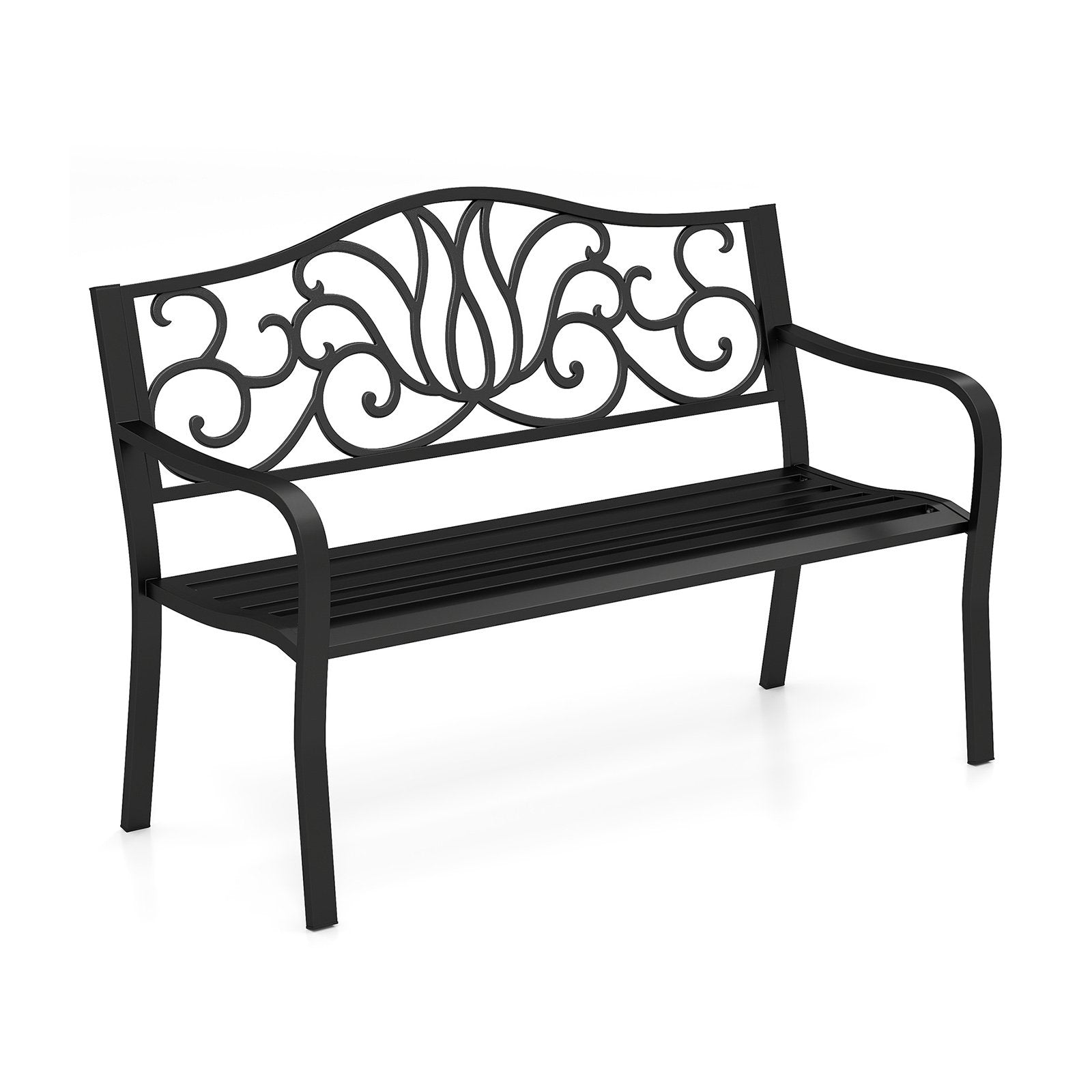127CM Outdoor Garden Bench with Floral Design Backrest and Slatted Seat-Black
