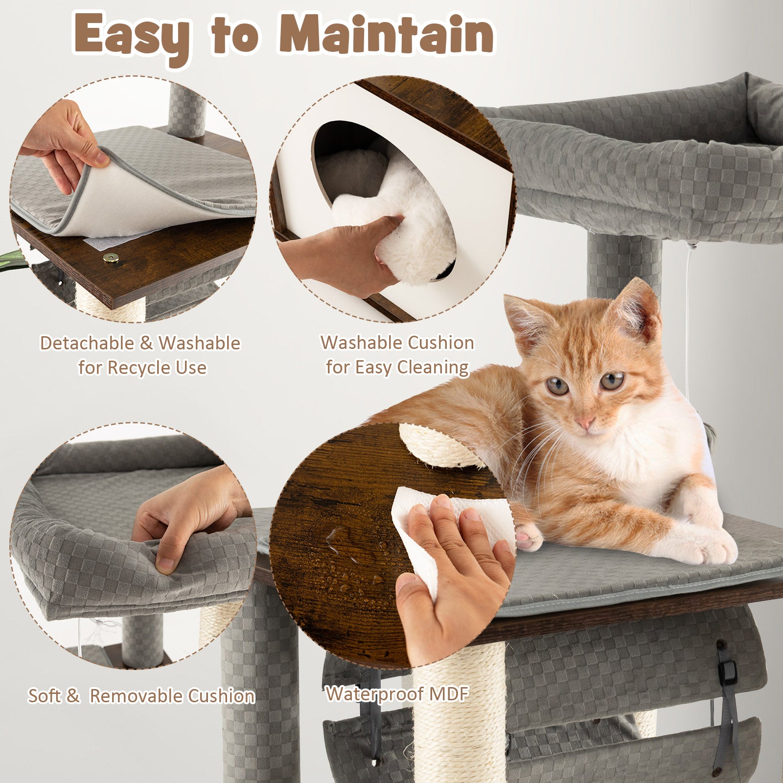 127cm Wood Cat Tree with Hammock and Swing Tunnel-Grey