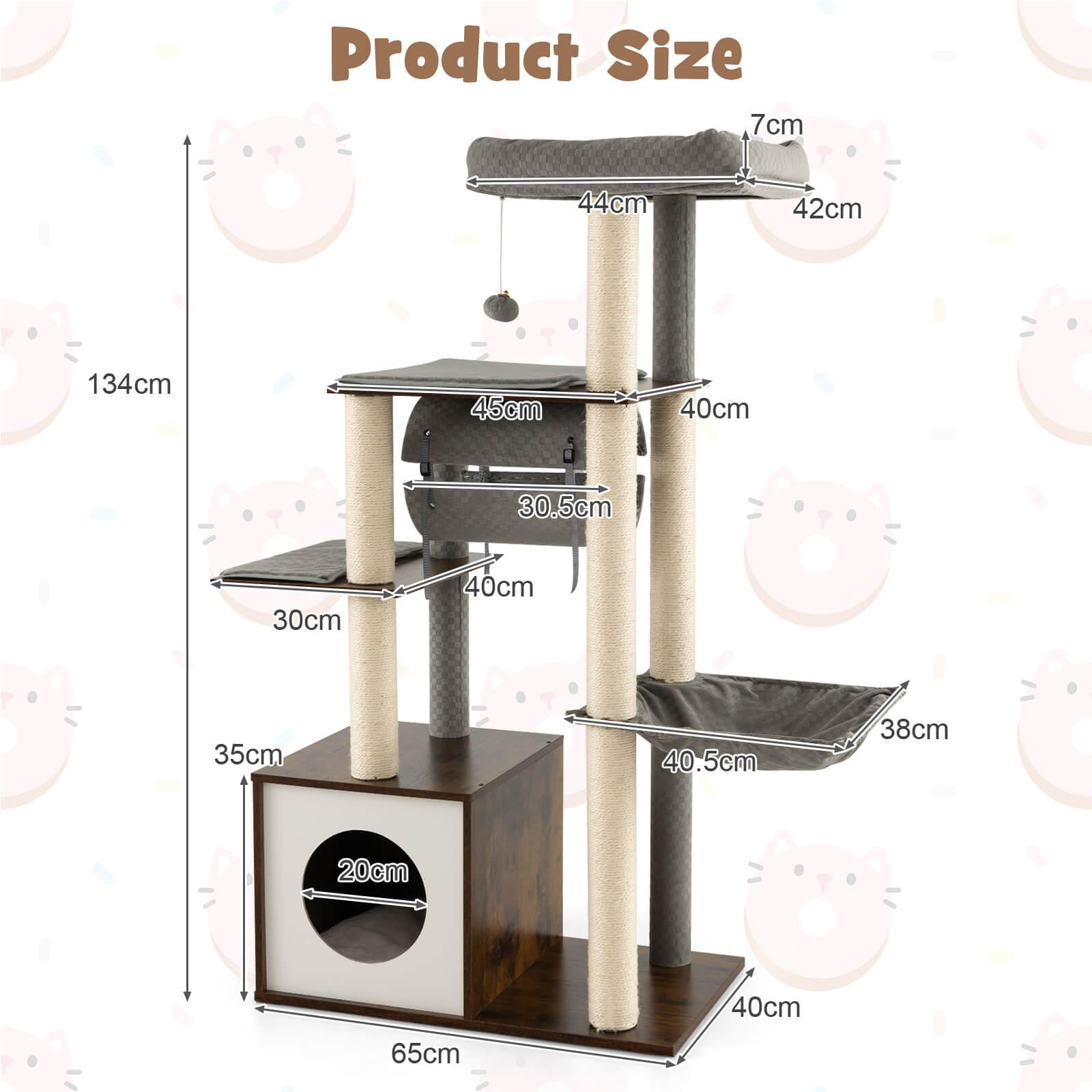 127cm Wood Cat Tree with Hammock and Swing Tunnel-Grey