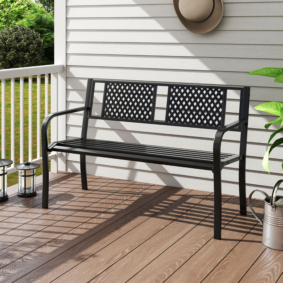 127CM Garden Bench with Patterned Backrest and Curved Armrests-Black