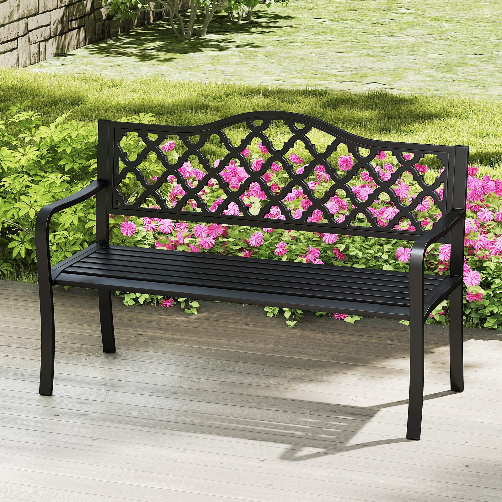 128CM Patio Bench Slatted Metal Garden Bench for 2-3 People-Black