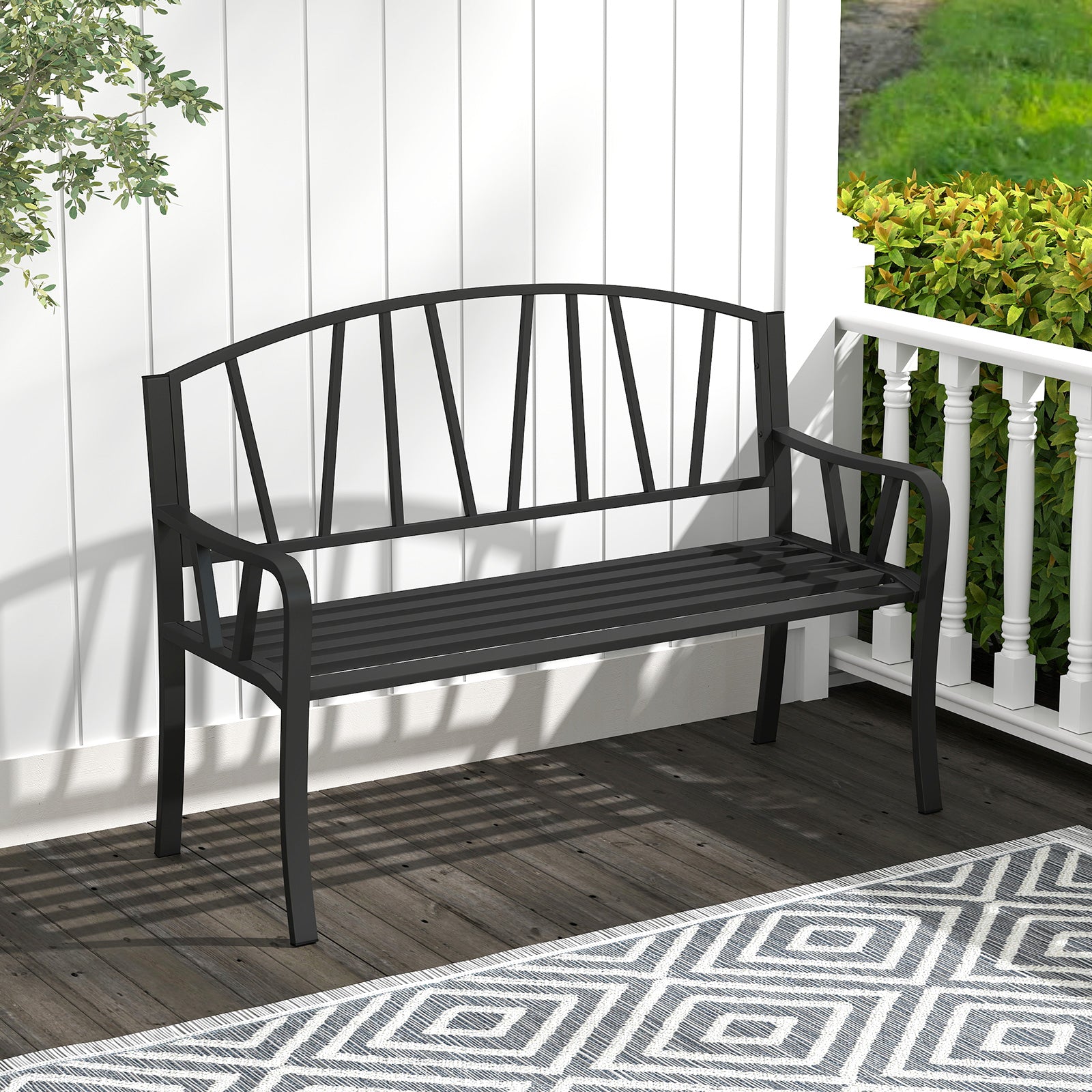 129CM Metal Garden Bench Patio Slatted Bench for 2-3 People-Black