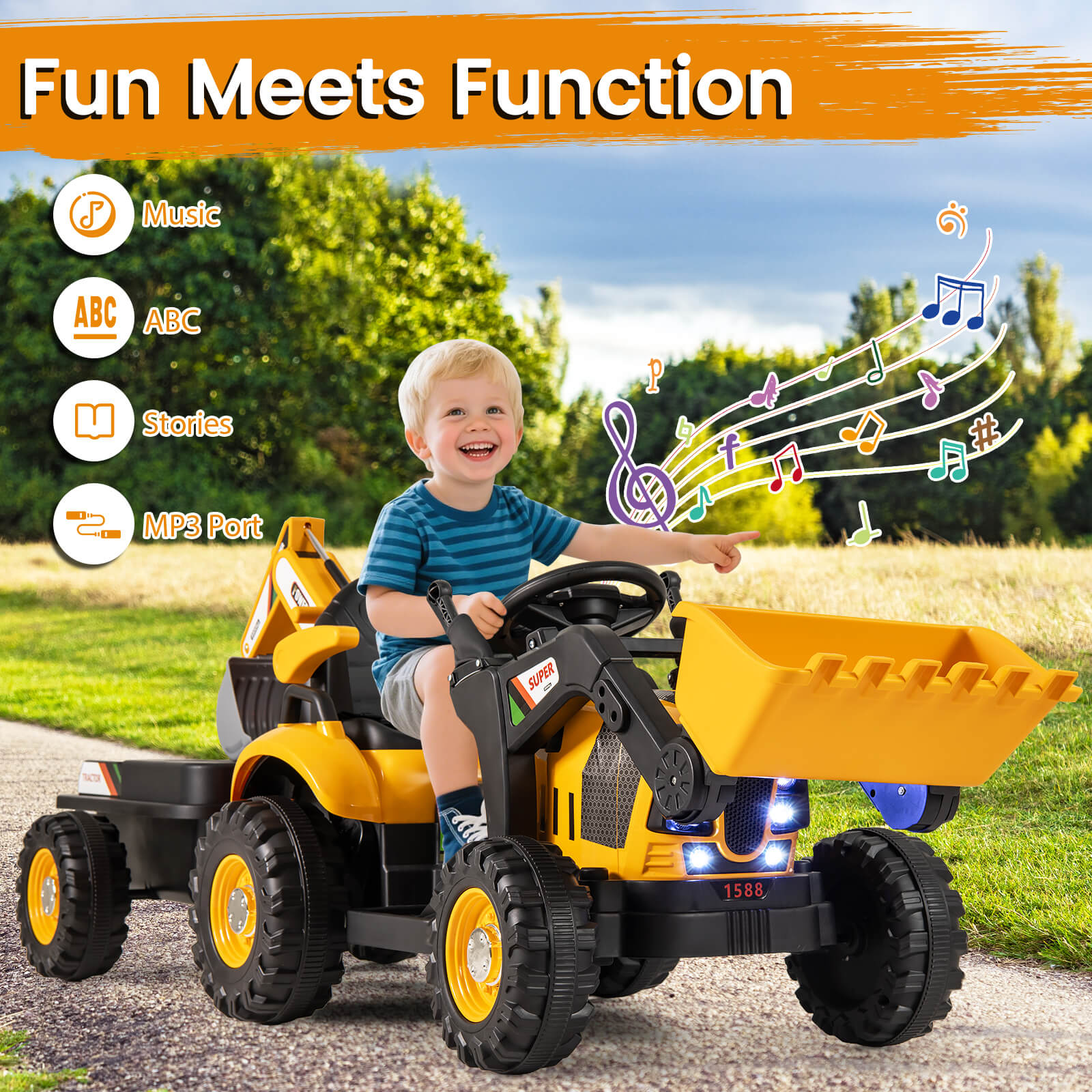 4-in-1 12V Kids Ride on Excavator and Bulldozer with Remote Control-Yellow