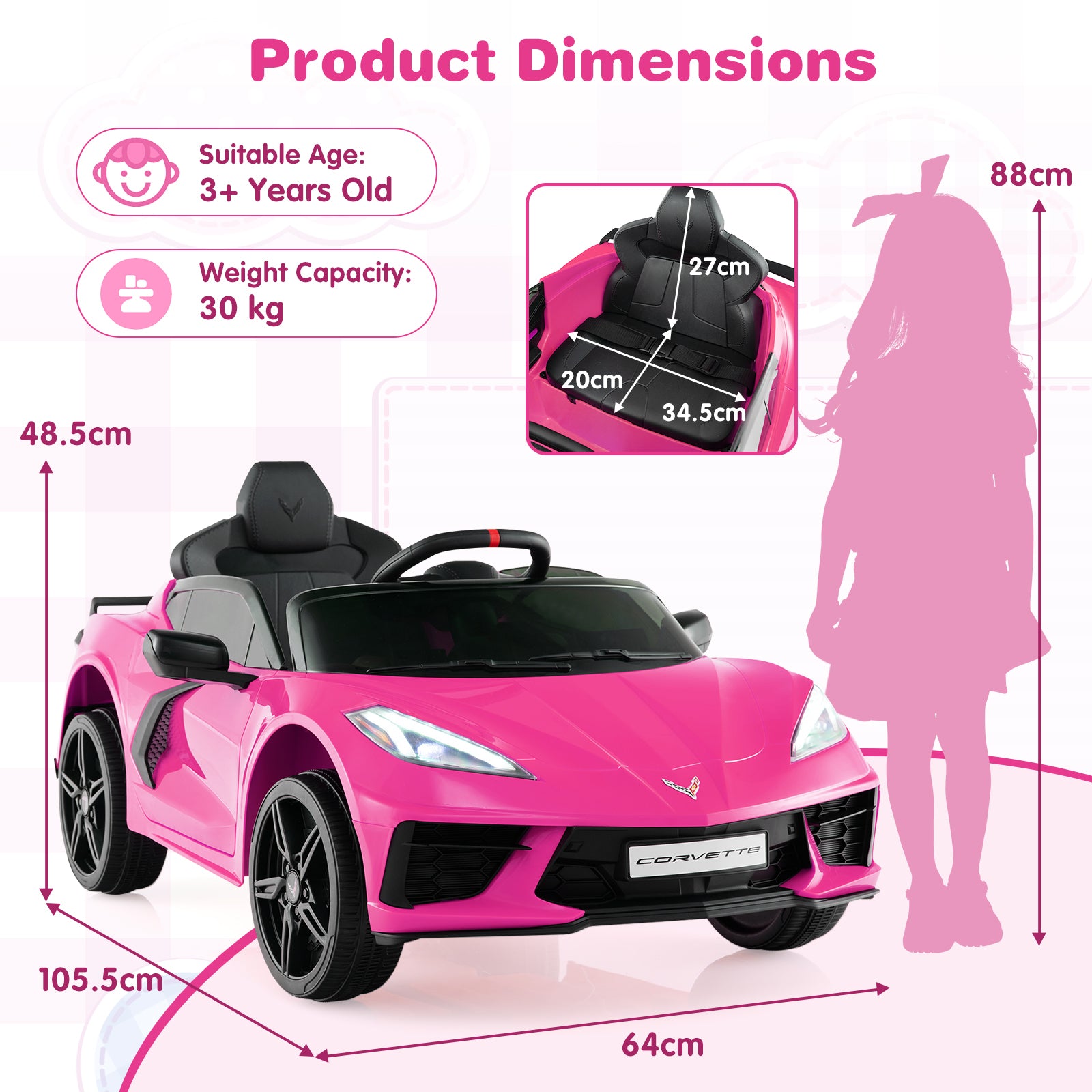 12V Electric Kids Ride On Car with Remote Control and Lights-Pink