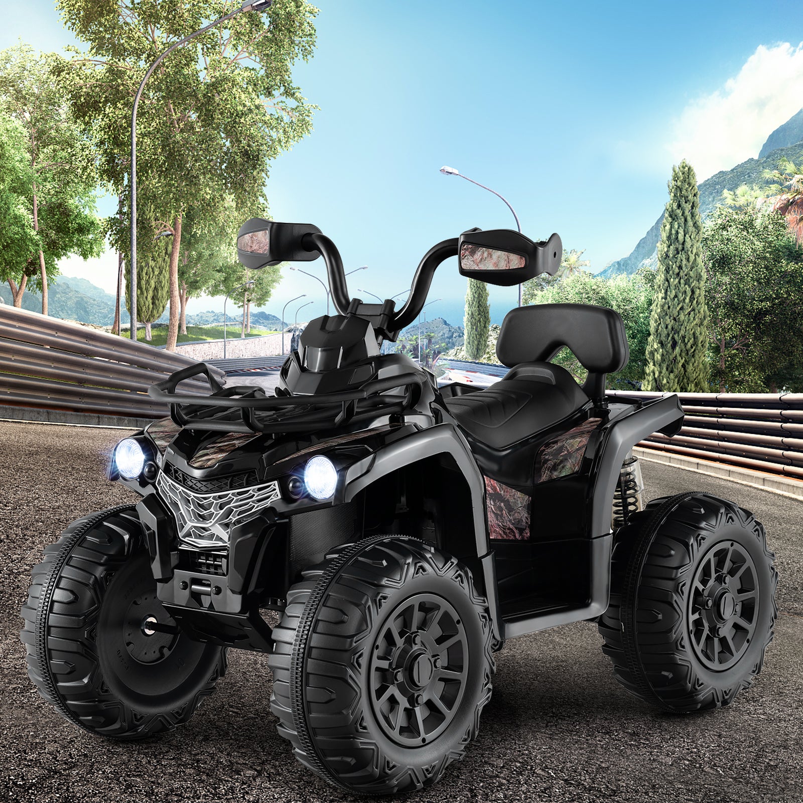 12V Electric Powered Quad Vehicle with Spring Suspension Oversized Wheels and Storage Basket-Black