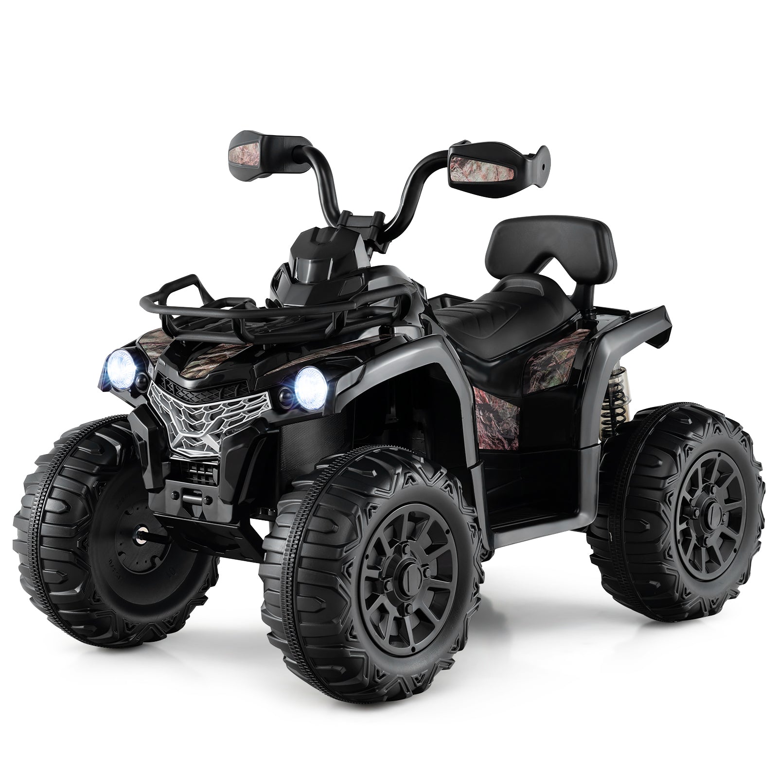 12V Electric Powered Quad Vehicle with Spring Suspension Oversized Wheels and Storage Basket-Black