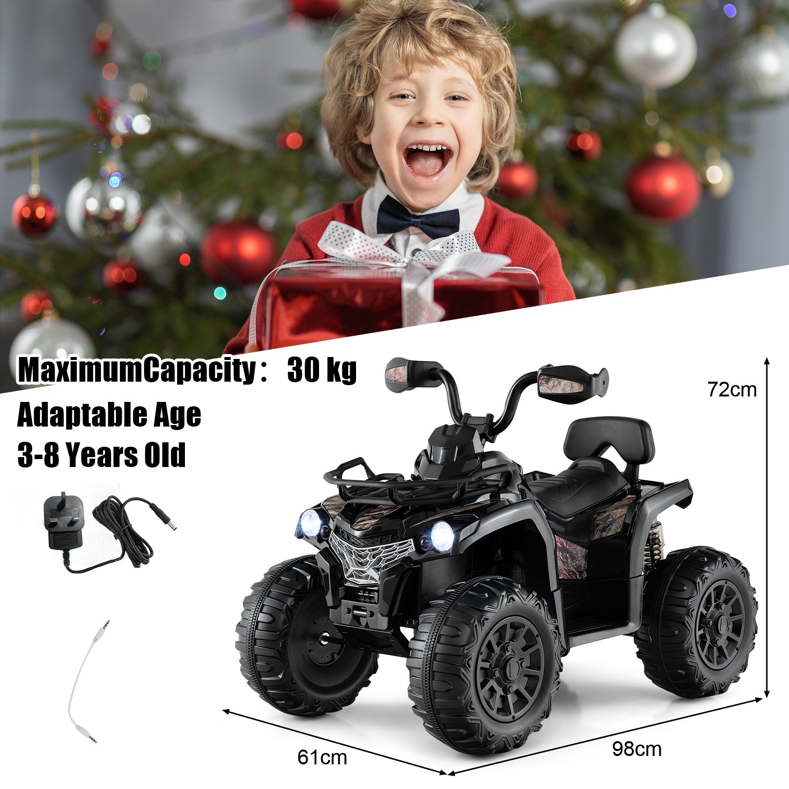 12V Electric Powered Quad Vehicle with Spring Suspension Oversized Wheels and Storage Basket-Black
