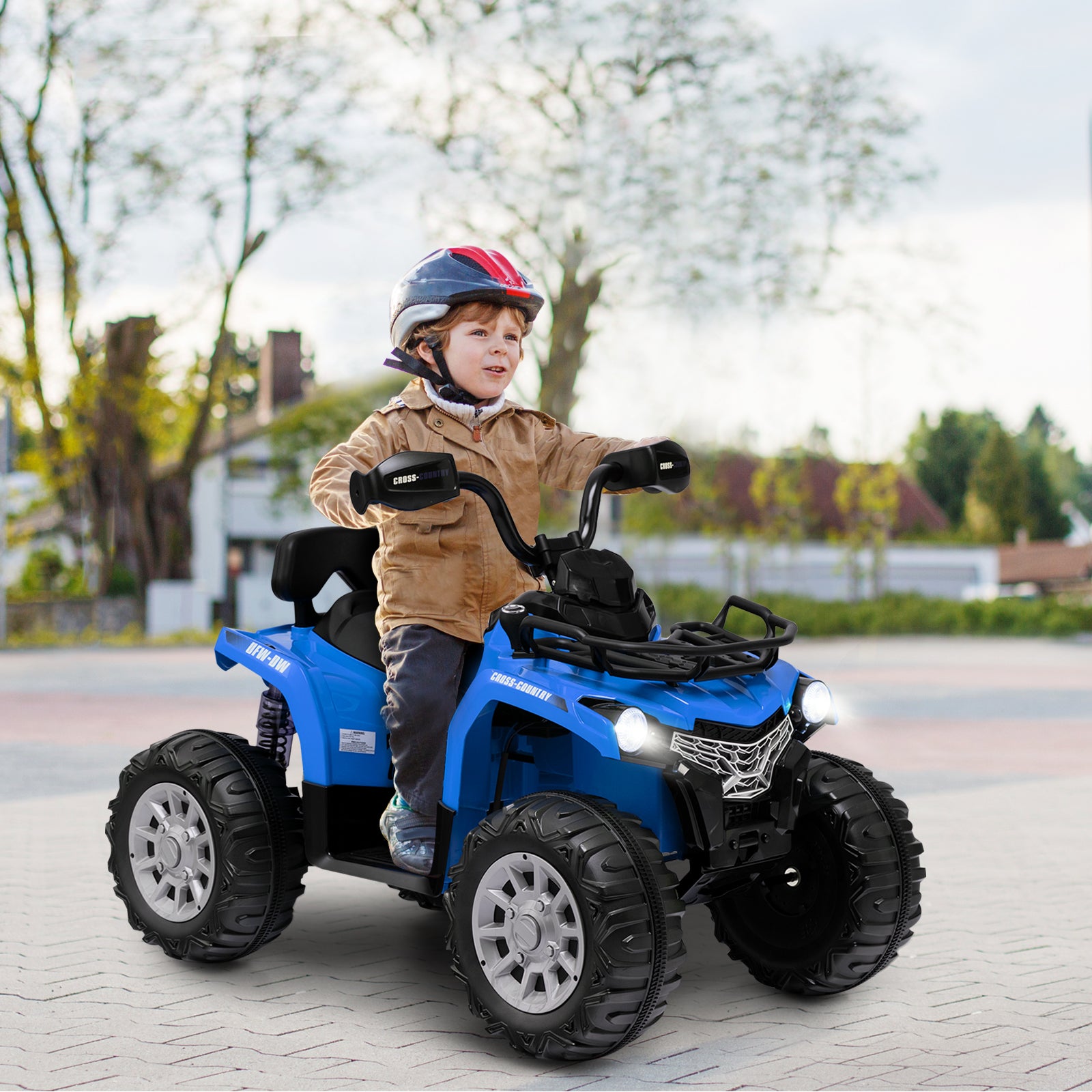 12V Electric Powered Quad Vehicle with Spring Suspension Oversized Wheels and Storage Basket-Blue