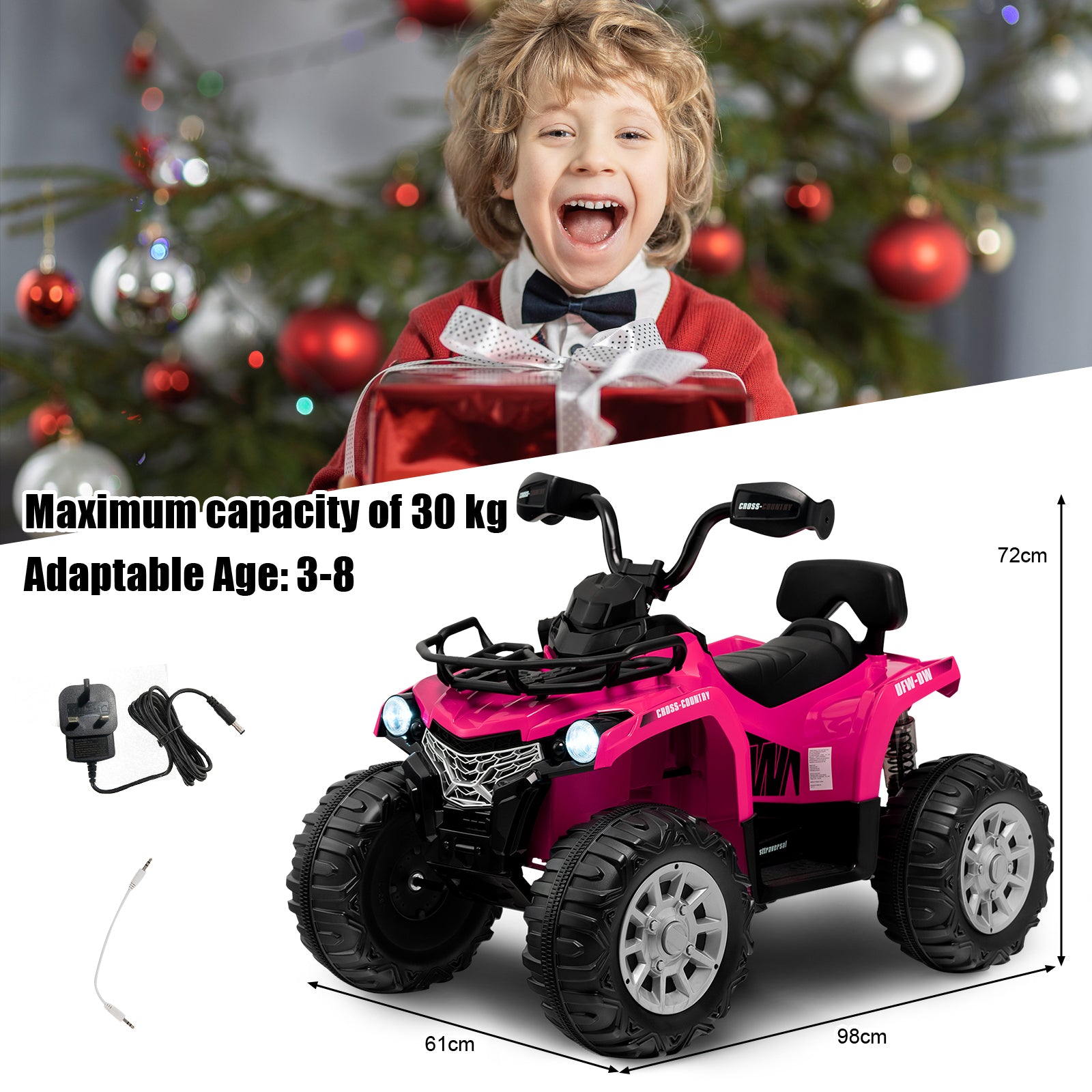 12V Electric Powered Quad Vehicle with Spring Suspension Oversized Wheels and Storage Basket-Pink