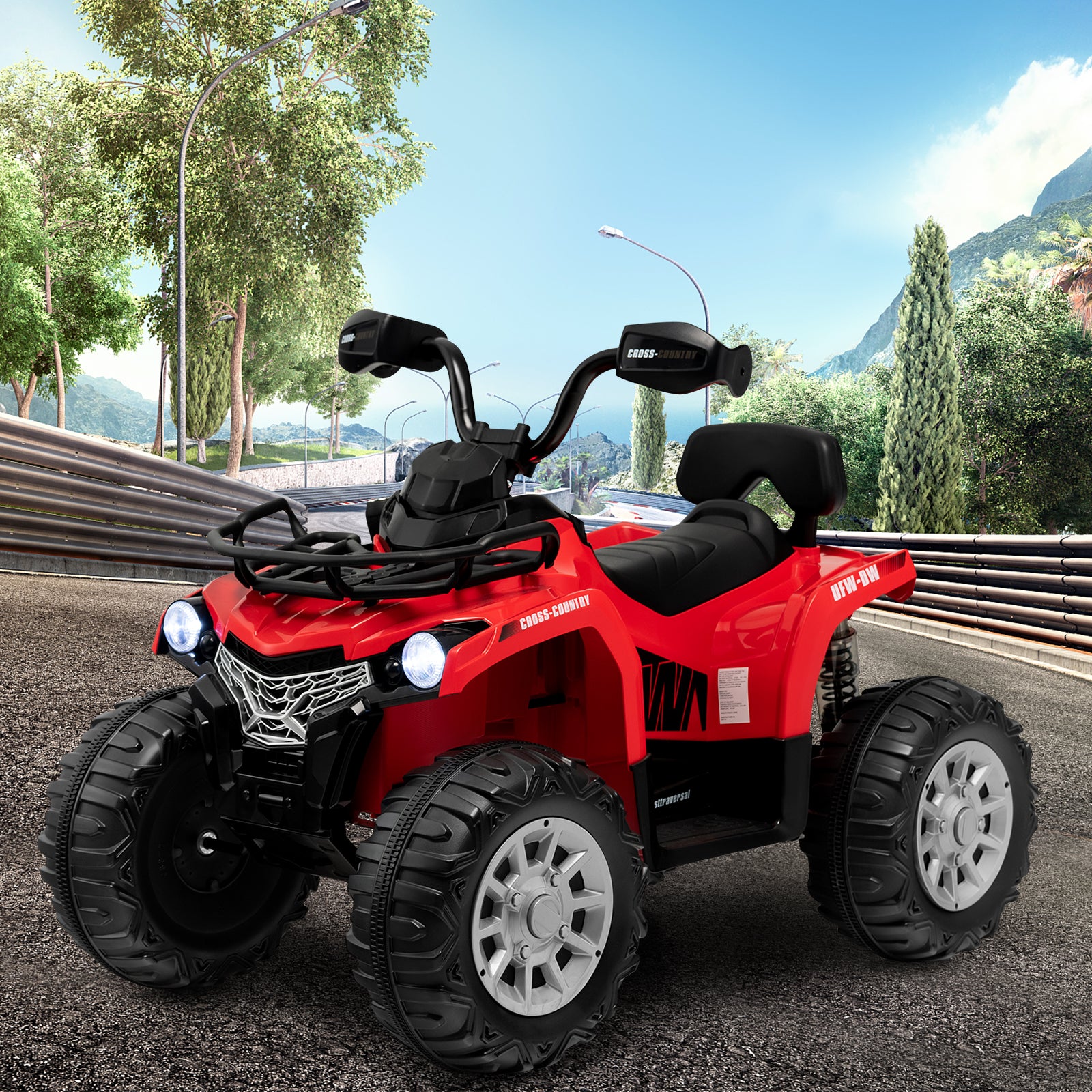 12V Electric Powered Quad Vehicle with Spring Suspension Oversized Wheels and Storage Basket-Red