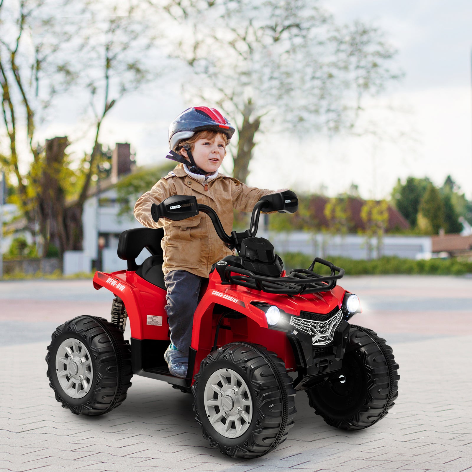 12V Electric Powered Quad Vehicle with Spring Suspension Oversized Wheels and Storage Basket-Red