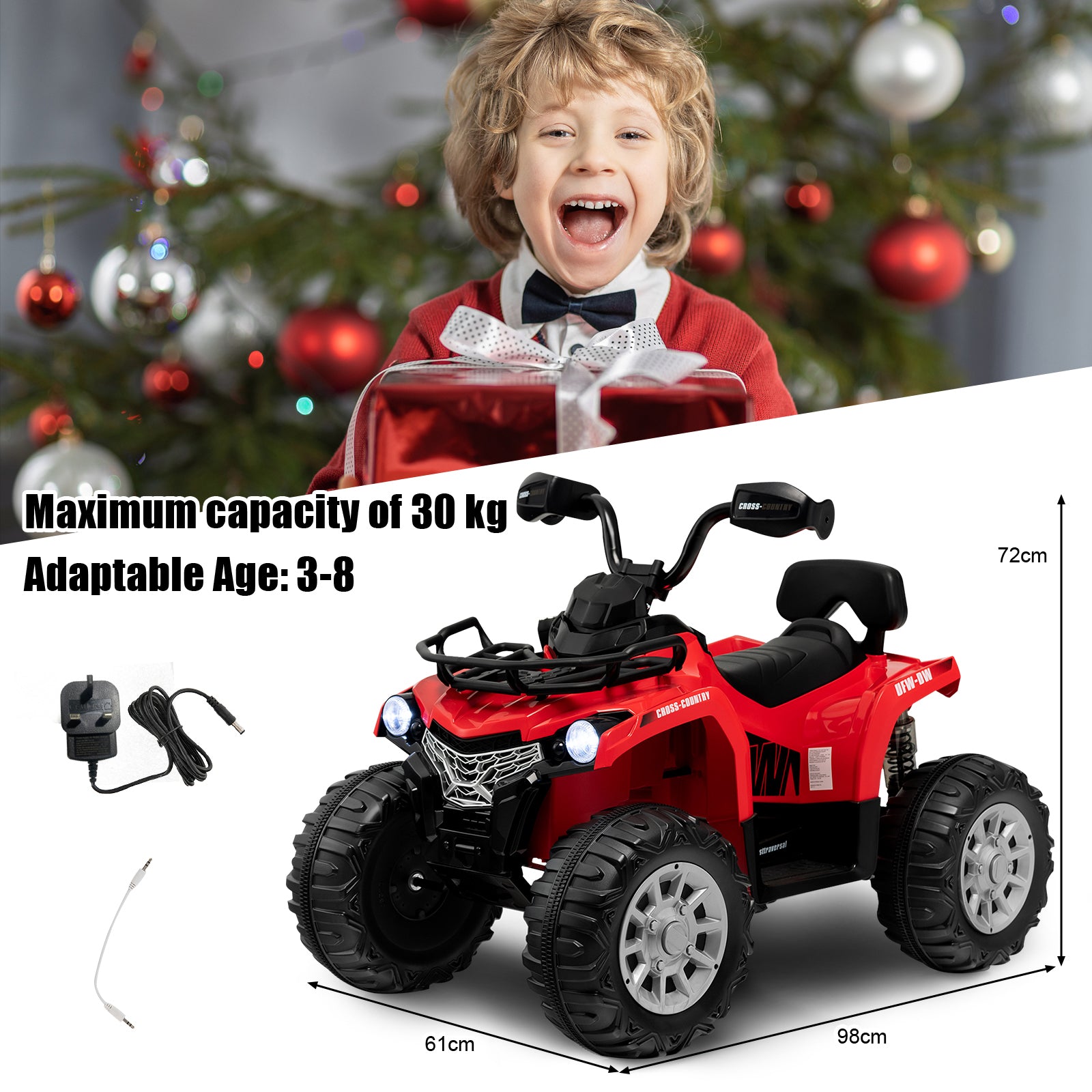 12V Electric Powered Quad Vehicle with Spring Suspension Oversized Wheels and Storage Basket-Red
