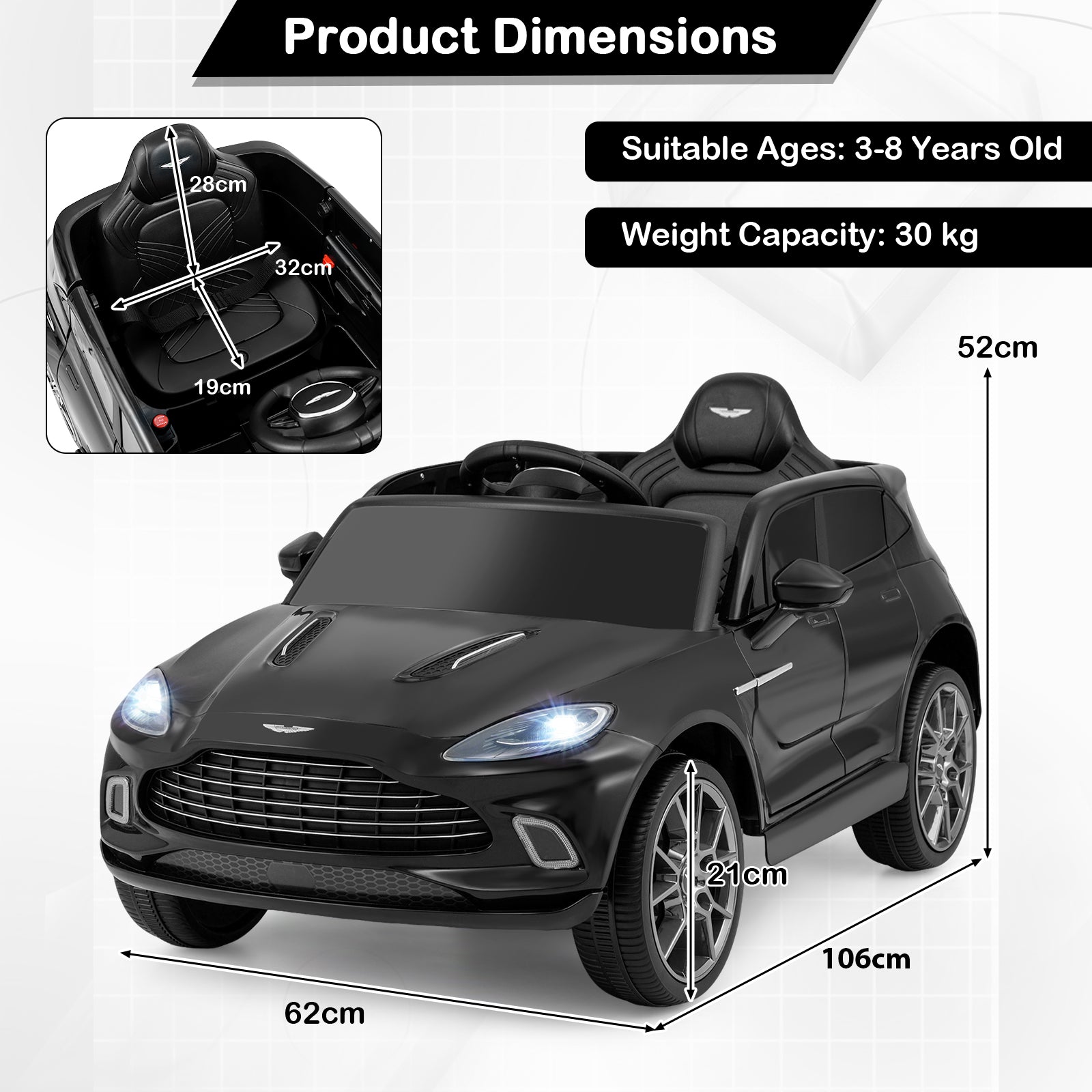 12V Kids Ride on Vehicle Aston Martin Licensed with Horn and Taillights-Black