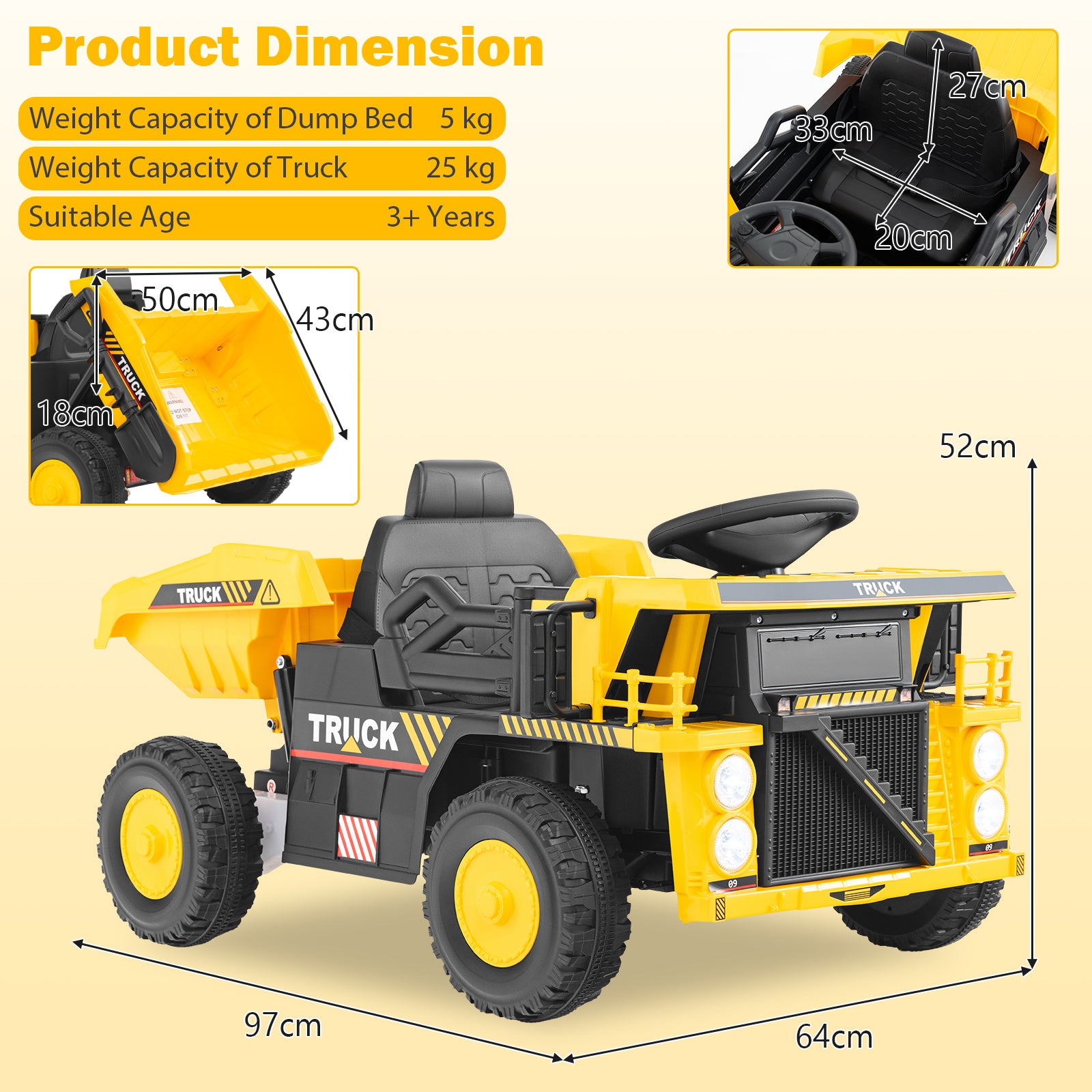 12V Kids Electric Ride on Dump Truck with Remote Control for Aged 3+-Yellow
