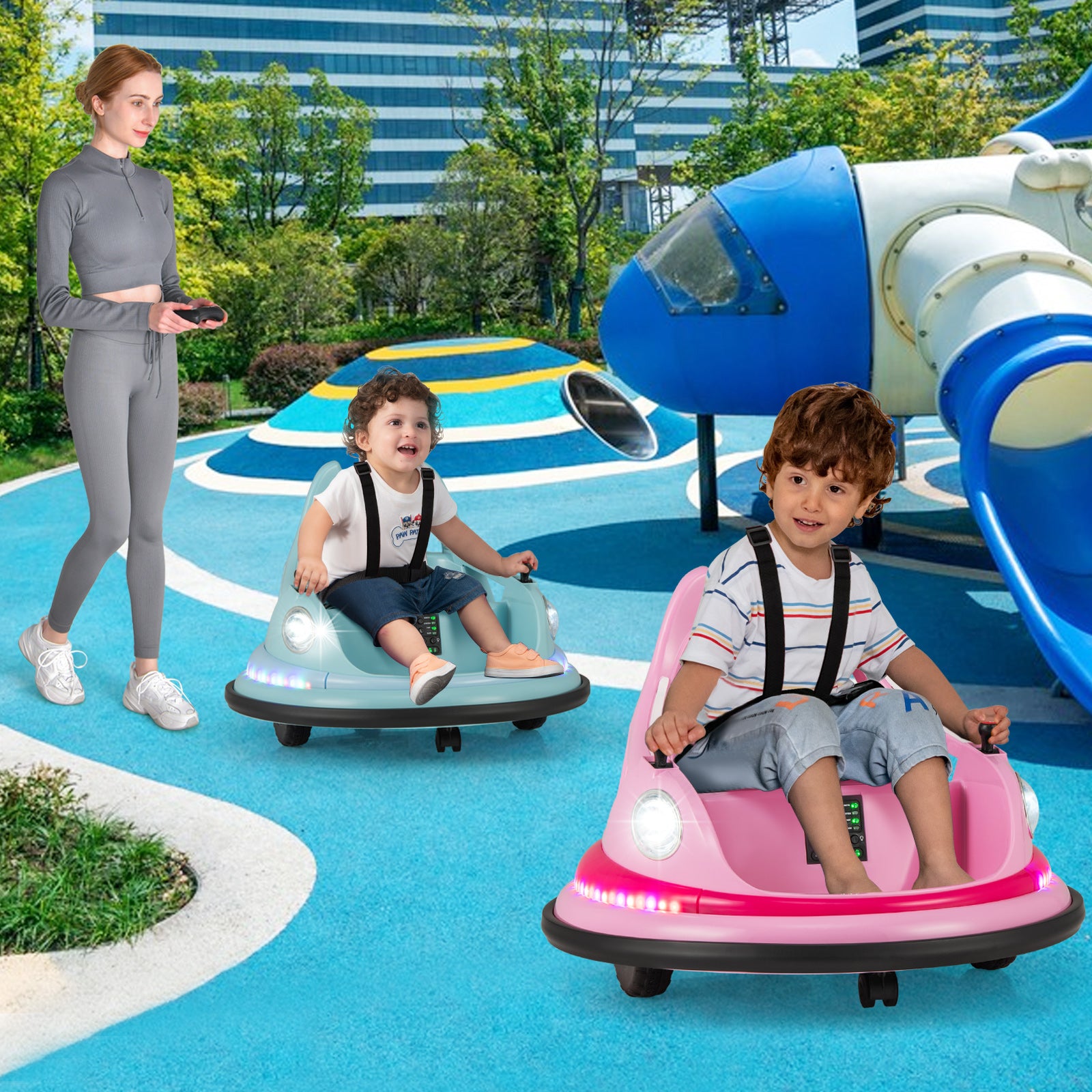 12V Kids Ride On Bumper Car with Dual Joysticks and 5 Light Effects-Blue