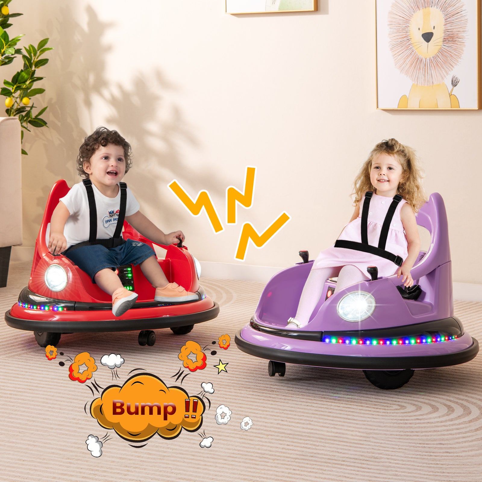 12V Kids Ride On Bumper Car with Dual Joysticks and 5 Light Effects-Red