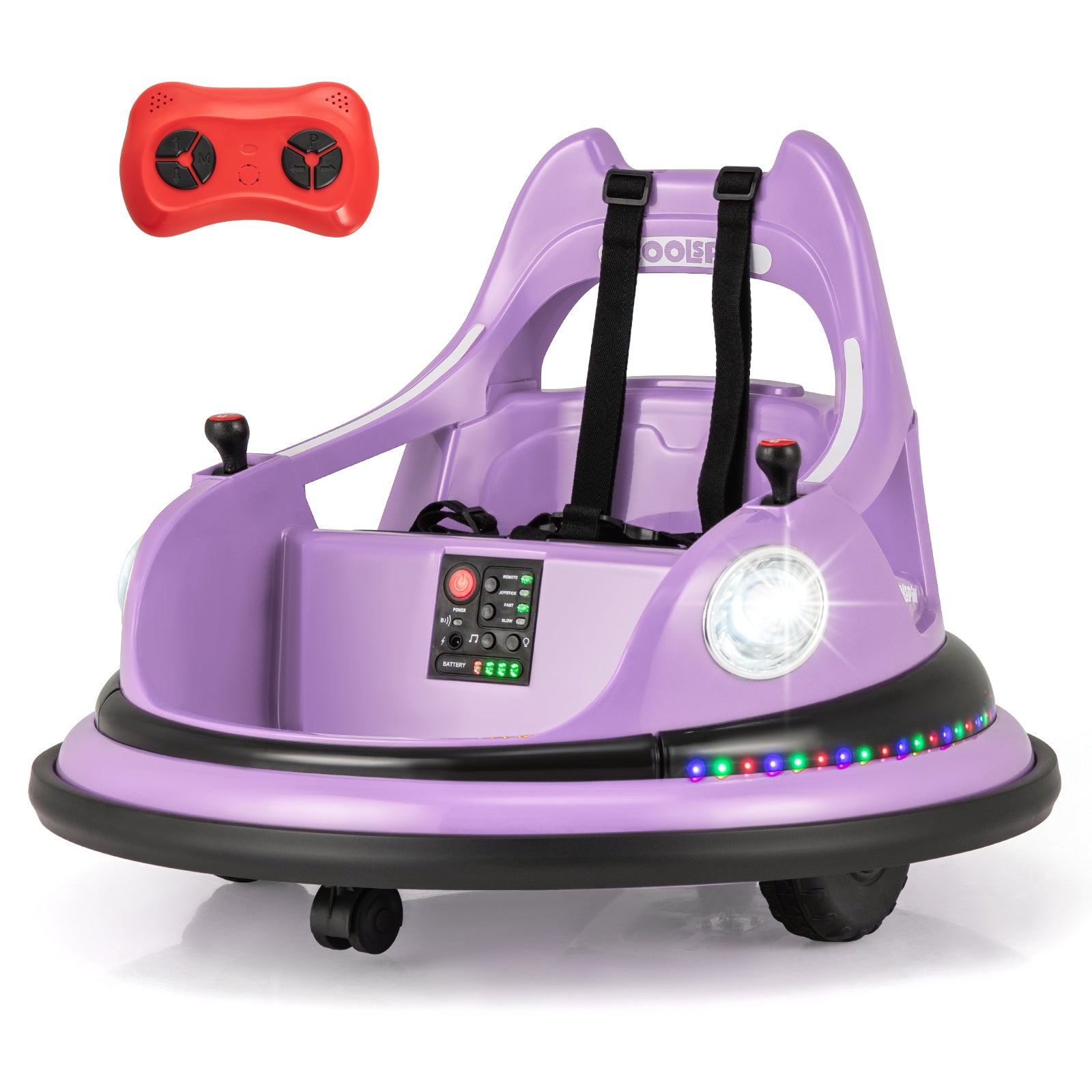 12V Kids Ride On Bumper Car with Dual Joysticks and 5 Light Effects-Purple