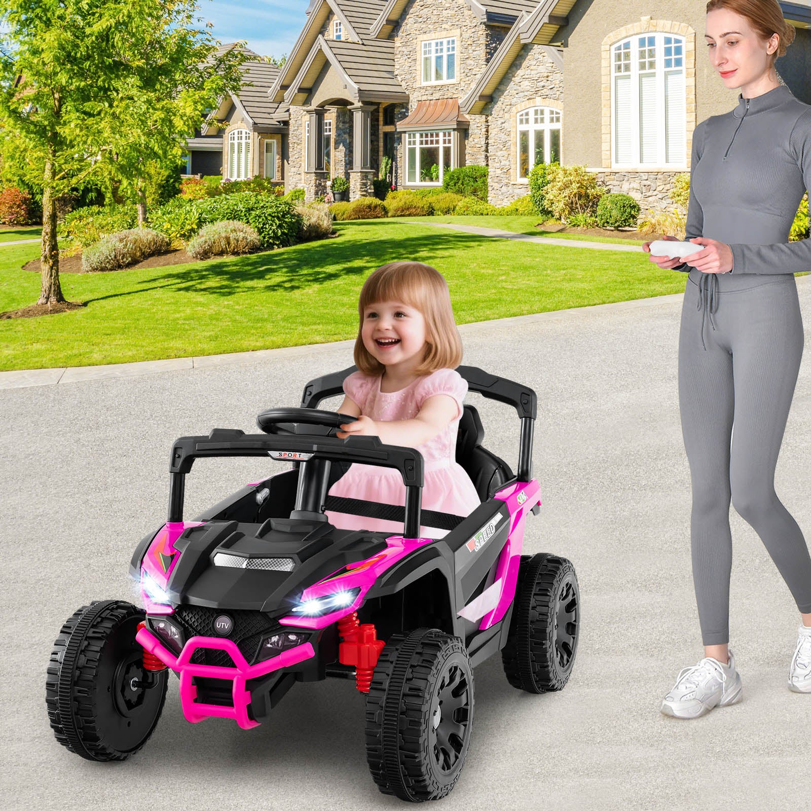 12V Kids Ride On Car Electric UTV with LED Lights and Music-Pink