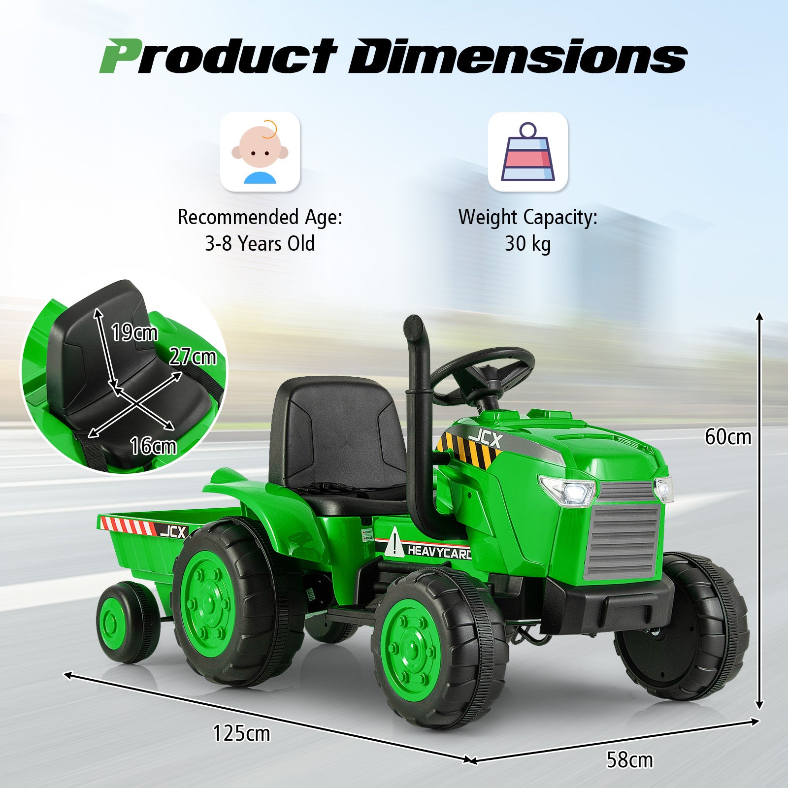 12V Kids Ride On Tractor with Trailer with Remote Control and Lights and Horn-Green
