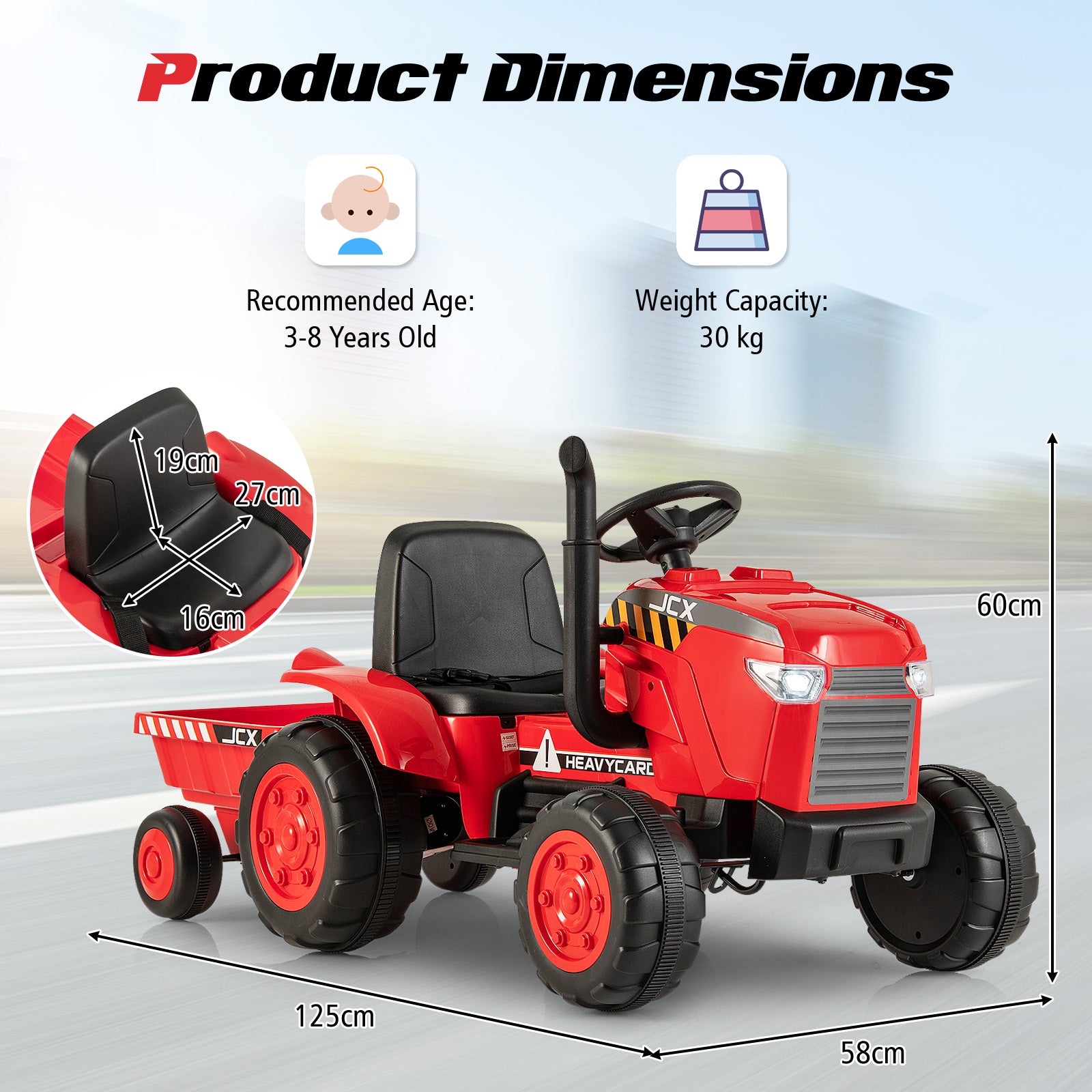 12V Kids Ride On Tractor with Trailer with Remote Control and Lights and Horn-Red