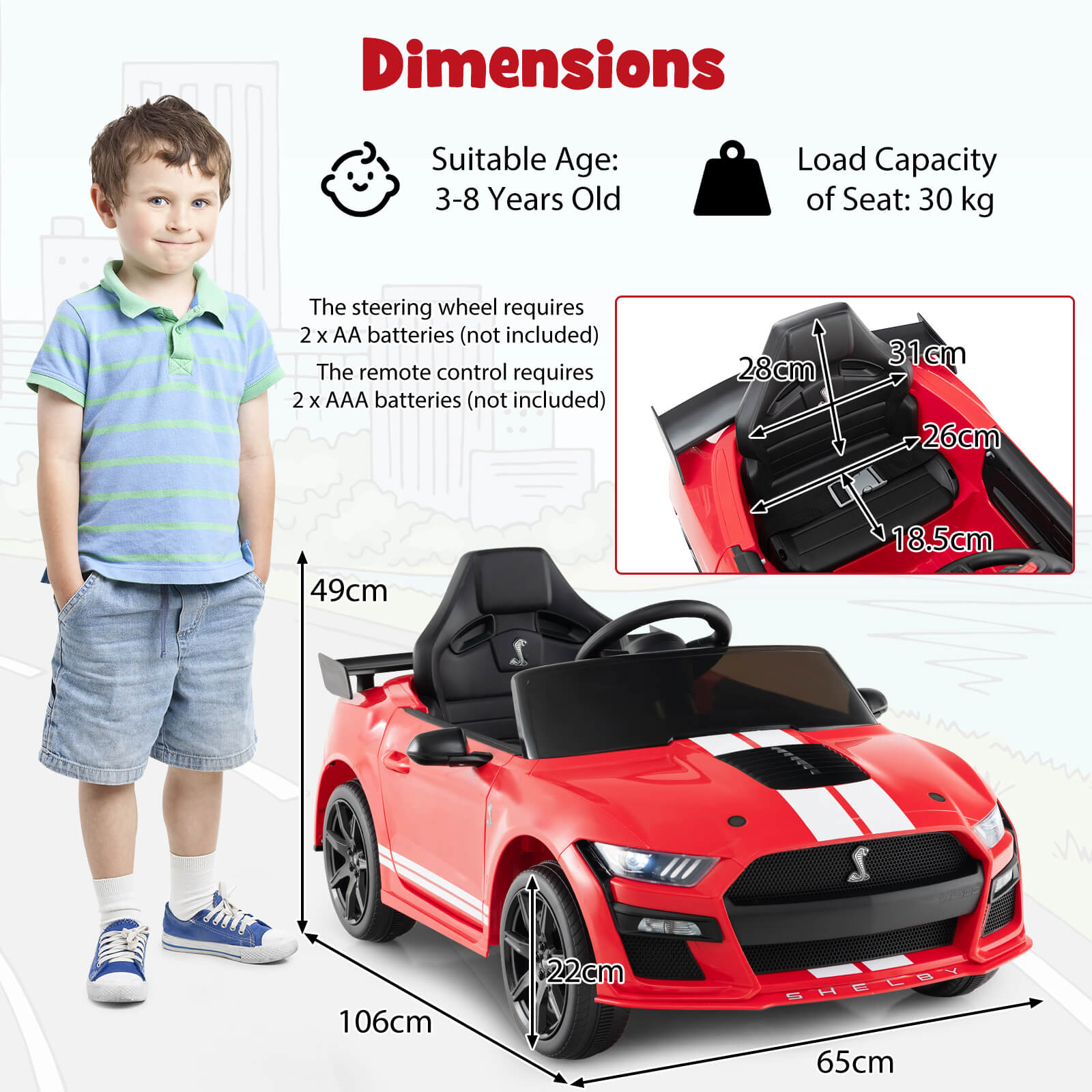 12V Kids Ride on Car Electric Licensed Ford Mustang Shelby GT500 for Kids Aged 3-8-Red